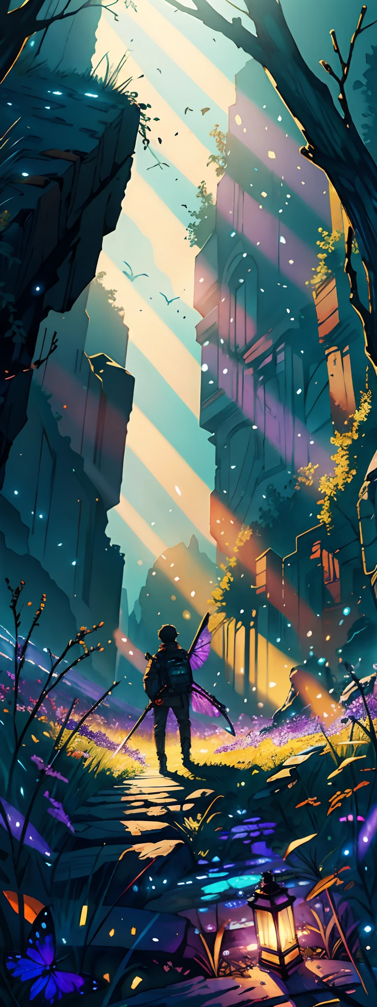 , expansive landscape photograph , (a view from behind that shows sky above and open field below), a boy sitting on grass field looking up, day, (sunshine), distant mountain, tree BREAK production art, (warm light source:1.2), (Firefly:1.2), lamp, lot of purple and orange, intricate details, volumetric lighting BREAK (masterpiece:1.2), (best quality), 4k, ultra-detailed, (dynamic composition:1.4), highly detailed, colorful details,( iridescent colors:1.2), (glowing lighting, atmospheric lighting), dreamy, magical, (solo:1.2)