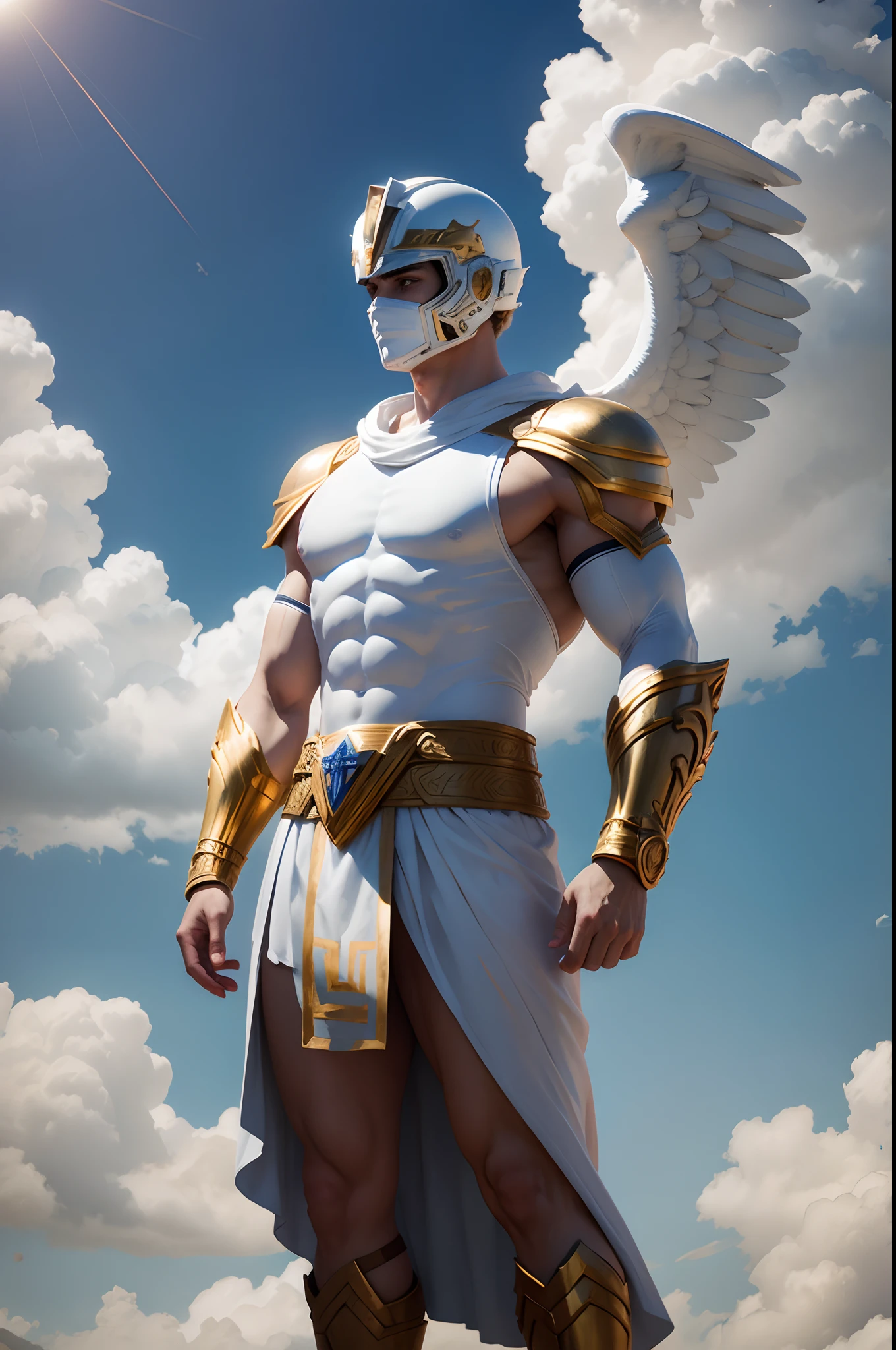 Photo of a man wearing cupid costume, (white hair), wings, flying, halo, (white toga robe), red scarf, armor, (surrounded by clouds), ethereal, (seductive smile:0.6), from side, realistic, masterpiece, intricate details, detailed background, depth of field