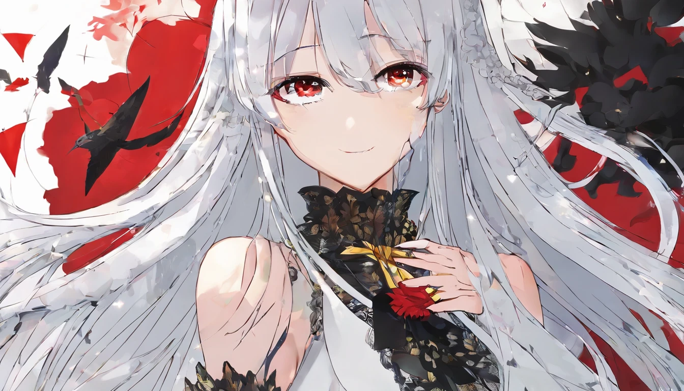 absurderes、hight resolution、(Official Art、Beautifully Aesthetic:1.2)、(Close View:1.15)、 (1girl in、White hair、Hair in the middle、yellow eyes、radiant eyes、Black Long Dress、Red frills、:1.2)、simple background,