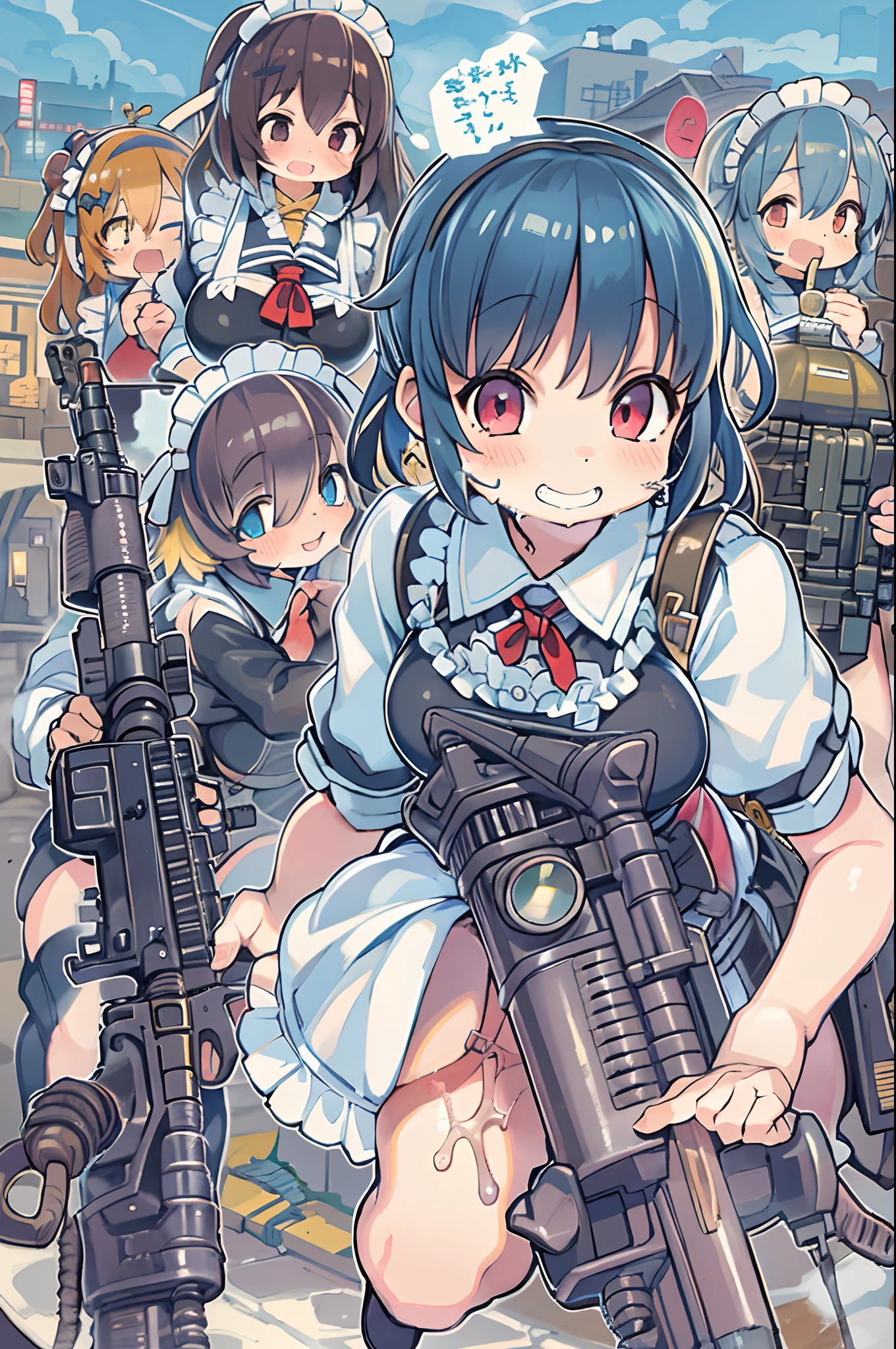 masutepiece, Best Quality, 1girl in, Empty eyes, Utsurome, maid, Smile,a child girl,Lori,(((Huge assault rifle))),rocket launcher、Multiple girls