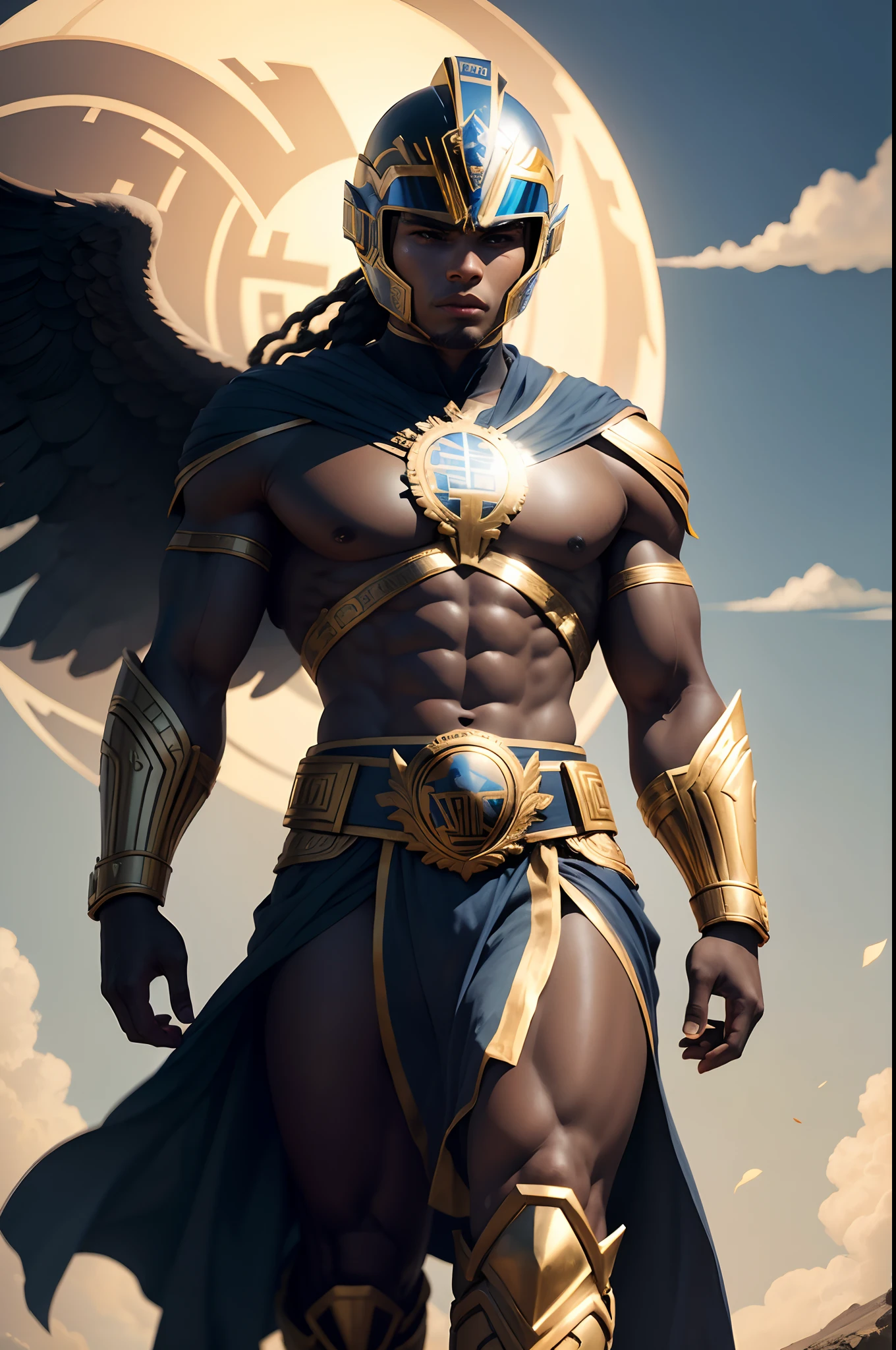 create a greek god theme black power ranger ,wearing helmet, ancient dress ,full body , sky background ,olympians