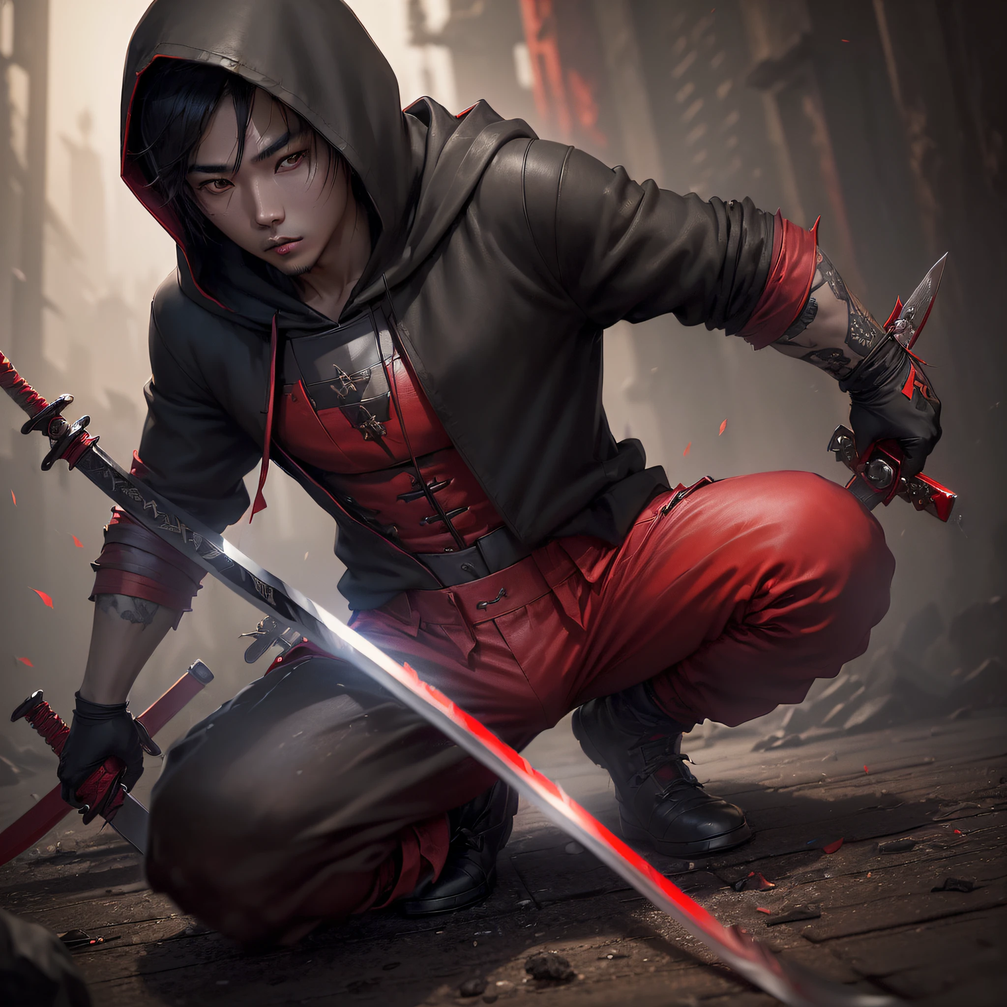 (A young Asian man in a black hood and red pants crouches with a sword:1.8), assassin, katana zero video game character, male assassin, ominous assassin, mk ninja, ninja outfit, red hood cosplay, goth ninja, inspired by Kanō Hōgai, thief warrior, mystic ninja, cyberpunk assassin, male rouge assassin, slightly muscular, ((masterpiece,best quality)), fearsome, dark fantasy, Sacred Light, epic realistic, faded, ((neutral colors)), art, (hdr:1.5), hyper detailed, (art station:1.5), cinematic, warm lights, light effect, dramatic light, (intricate details:1.1)