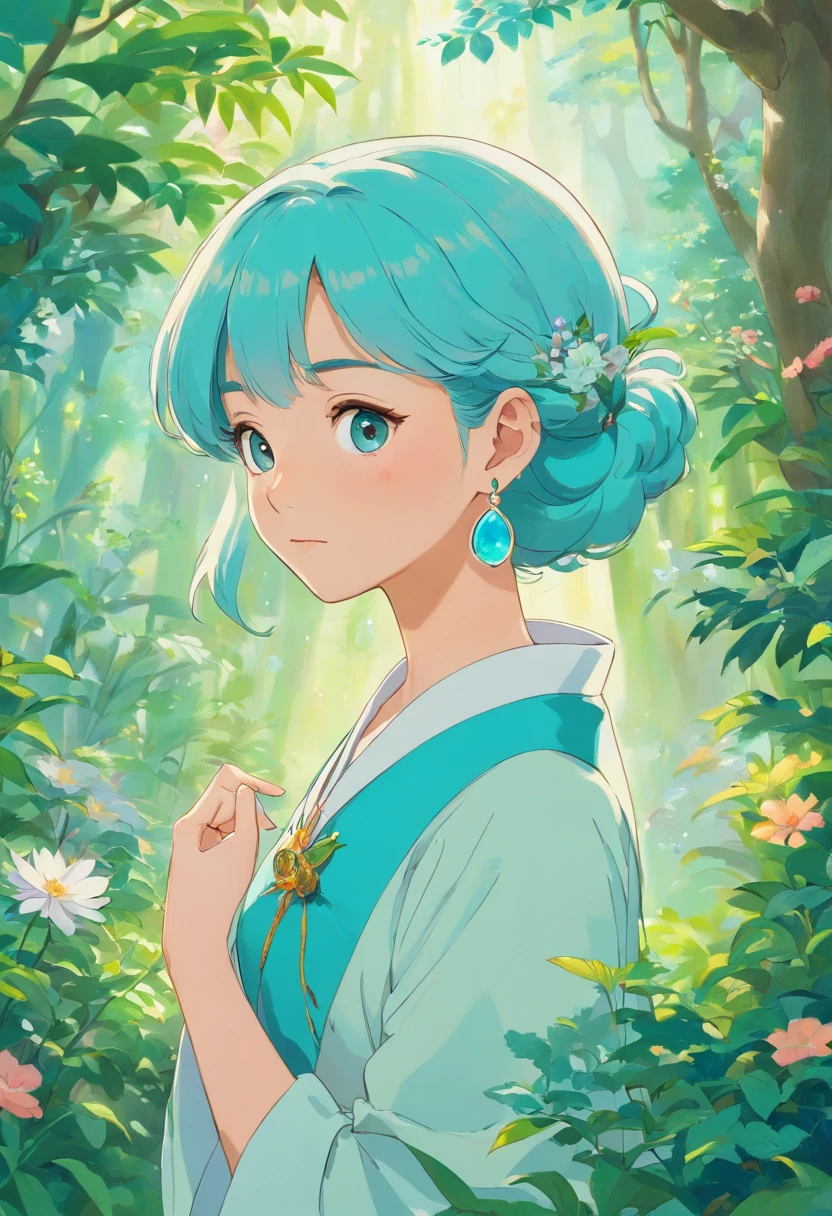 a girl wearing an anime collar, a long necklace and earrings, in the style of tranquil gardenscapes, colorful animation stills, masami teraoka, aquamarine, paul gauguin, Embry style, honest portrayal