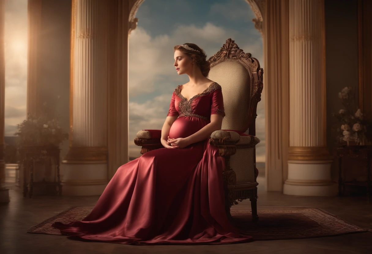 Pregnant girl sitting on a throne, victorian era, Noble series, Intricate decoration, orthography, Talking, smirk, arm behind back, Soft edge light, beautifully detailed sky, master-piece, Very high resolution, High Quality, 10, (photo-hyper-realistic:1.2), photos,