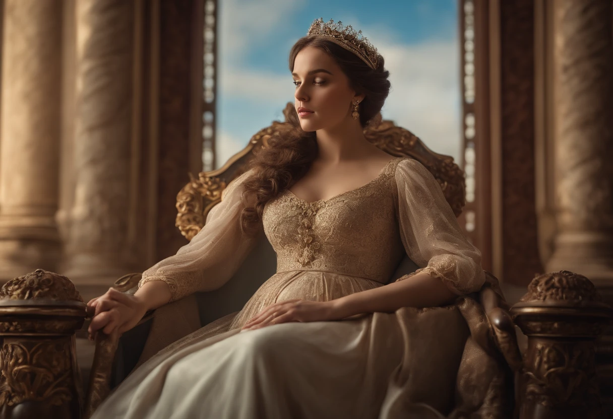 Pregnant girl sitting on a throne, victorian era, Noble series, Intricate decoration, orthography, Talking, smirk, arm behind back, Soft edge light, beautifully detailed sky, master-piece, Very high resolution, High Quality, 10, (photo-hyper-realistic:1.2), photos,