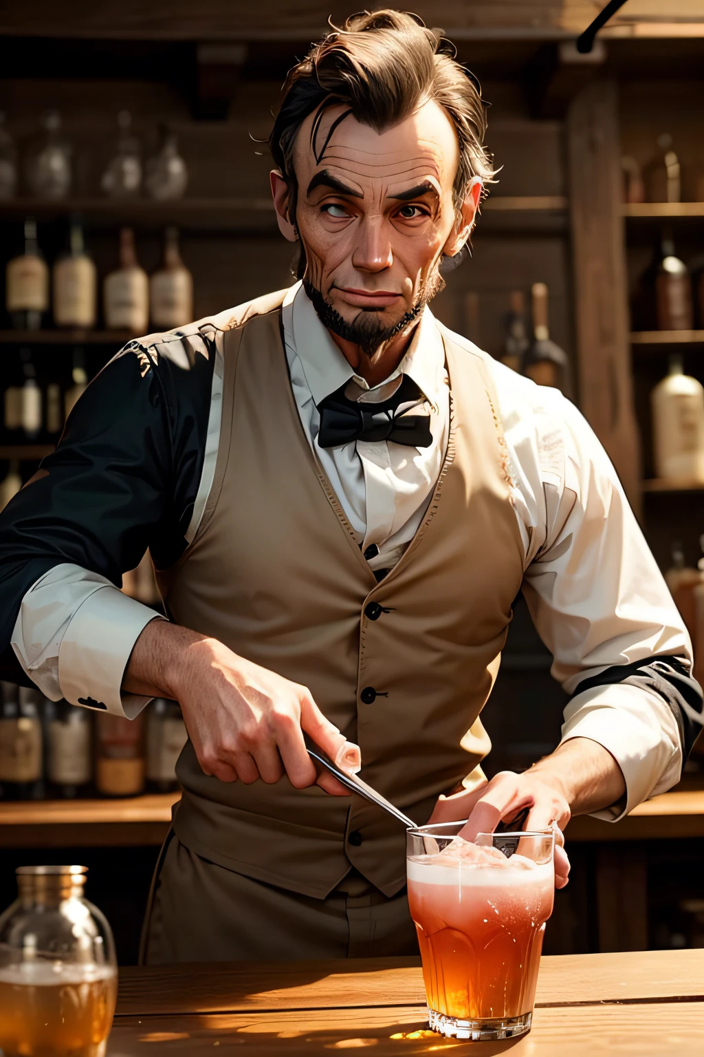 Generate an image of Lincoln working as a bartender, serving drinks in a historic tavern setting