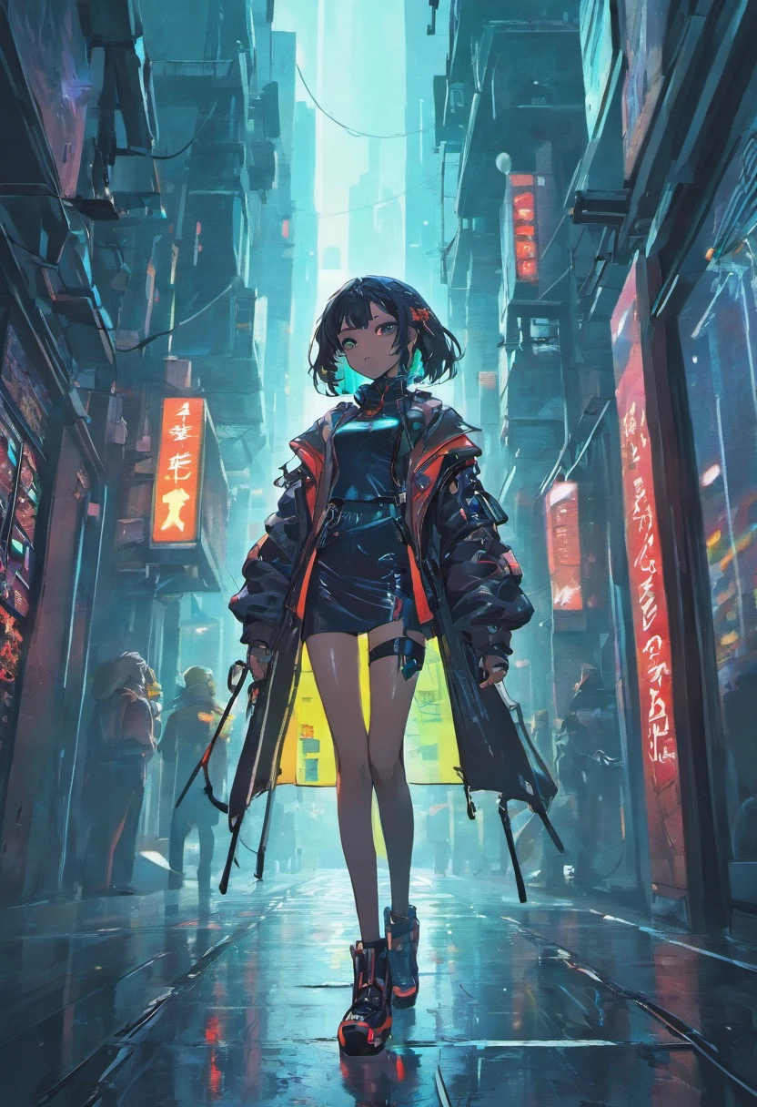 (best quality:1.2, masterpiece:1.2), lora:add_detail:0.75, 1girl, black hair, glasses, cyberpunk, solo, waist-high, sexy appearance, urban landscape, neon lights, rainy night, technologically advanced city, futuristic architecture, high-rise buildings, glowing holograms, reflecting on wet pavement, vibrant colors, dark and mysterious atmosphere, ensemble of cybernetic implants, chrome accessories, leather outfit, high-heeled boots, confident and seductive gaze, smoky eye makeup, perfect red lips, flickering neon signs, flying cars zooming past, humanoid robots, bustling crowds, steam rising from the sewers, sound of distant sirens, illuminated umbrellas, steam coming out of manholes, skyscrapers disappearing into the fog, the girl leaning against a graffiti-covered wall, holding a futuristic weapon, ready for action, raindrops glistening on her skin