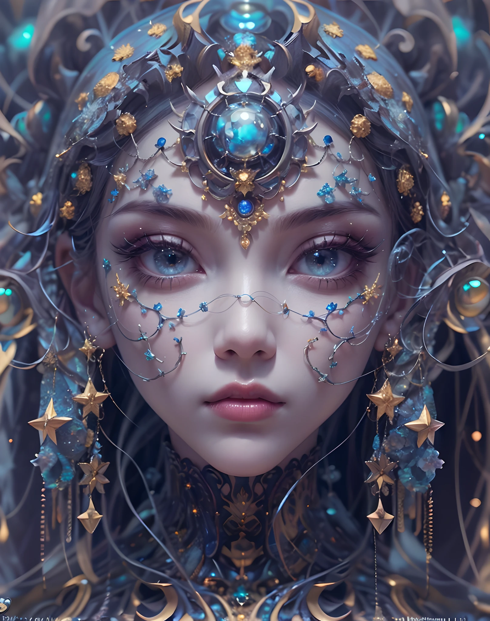 (best qualtiy,ultra - detailed,Most Best Illustration,Best shadow,tmasterpiece,A high resolution,professionalartwork,famousartwork),Eyes focus, Star sparkle particle around, Detailed eyes,beautidful eyes,closeup cleavage,sci-fy,colored sclera,Robot eyes,face markings,Tattooed with,(fractalized,Fractal eyes),largeeyes,Wide eyes,(Eye focus),sface focus,Cosmic eyes,Space eyes,Close-up of metal sculpture of a woman with a moon in her hair,goddes。extremly high detail,3 d goddess portrait,Extremely detailed footage of the goddess,a stunning portrait of a goddess,Side image of the goddess,portrait of a beautiful goddess,Full body close-up portrait of the goddess,hecate goddess,portrait of a norse moon goddess,goddess of space and time, sea art 2.1, goddess sea art 2.1, texture masterpiece, super detail, asian skin tone color