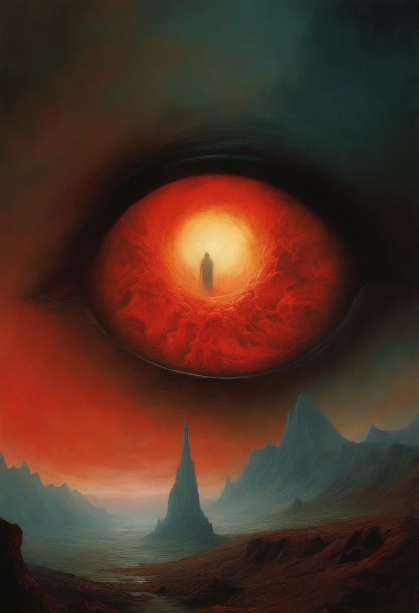 A mountain-sized eye looking over a burning people, blood, red and white complimentary color, cult, evil, ancient, by zdzislaw beksinski, van gogh, album cover art, surrealism, futuristic ,underwater, wizard, abstract, dark, landscape, dark fantasy art