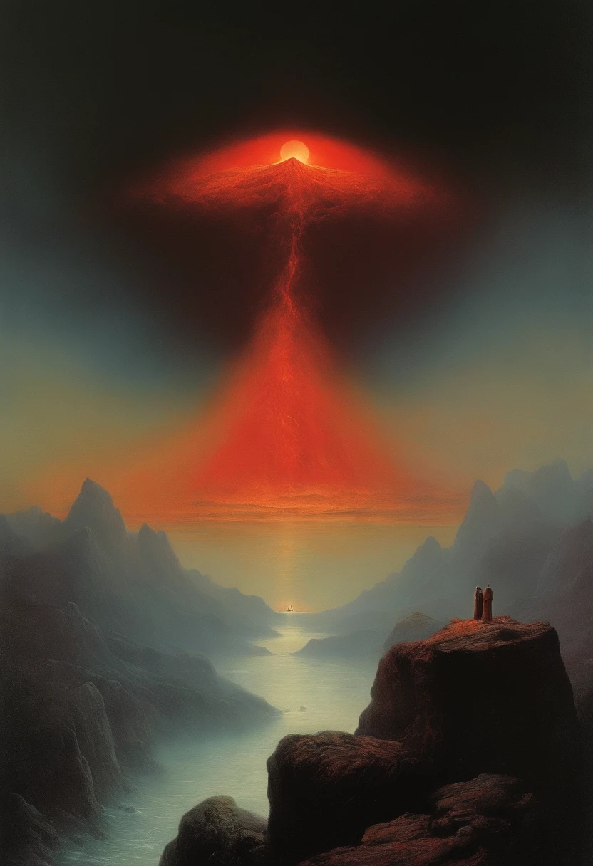 A mountain-sized eye looking over a burning people, blood, red and white complimentary color, cult, evil, ancient, by zdzislaw beksinski, van gogh, album cover art, surrealism, futuristic ,underwater, wizard, abstract, dark, landscape, dark fantasy art