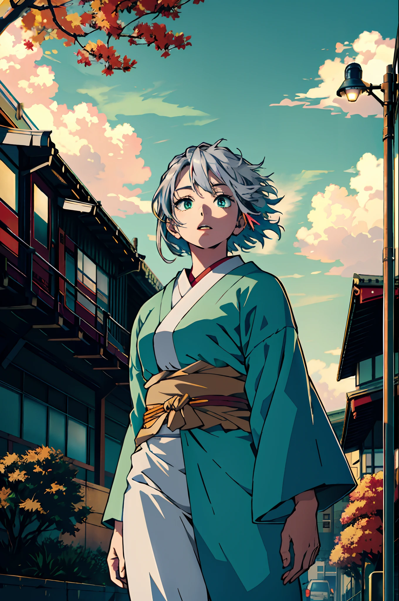 japan, highres, highest quallity, illustration,  ultra detailed, (detailed face), (detailed eyes), soft lighting, best quality, hazy glow, dreamy atmosphere, hyper detailed, masterpiece, 1girl, solo, silver hair, green eyes, knitwear, luminous eyes, medium breasts, (colorful), cowboy shot, from below, outdoors, morning, clouds, tall buildings in background, industrial, public transportation, urban, concrete buildings, concrete, sidewalk, busy, trees, autumn, falling leaves,