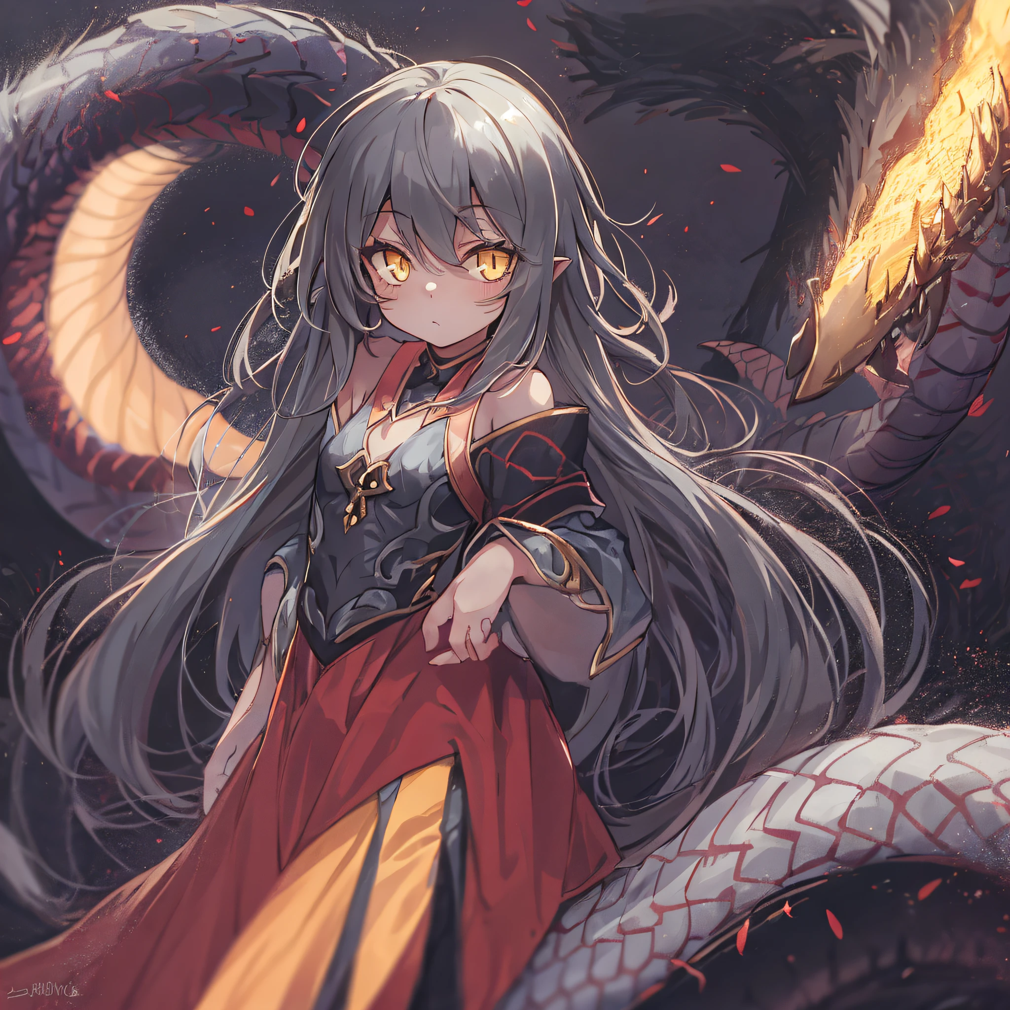 1 girl, Lamia, Scales, full body, Original Character, Volumetric Lighting, Best Shadows, Shallow Depth of Field, Petite, yellow eyes, dark grey hair, long hair, small chest, dress, slit pupils,
