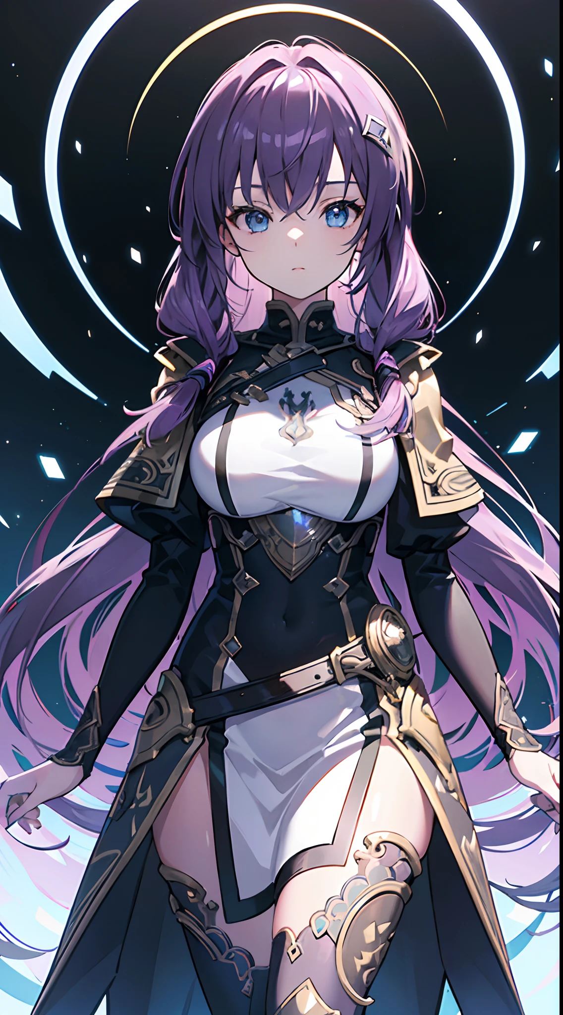 sky, grass, field, syndra, league of legends, 1girl, hand on hips, armor, black gloves, black thighhighs, breasts, long hair, looking at viewer, purple eyes, smile, solo, thighhighs, white hair, sitting ((shibari)), wound with rope, ((((bondage)))), ((Rope bondage)), Exquisite detail and texture, ((The rope is wrapped around the body multiple times.)))), (Brown rope),