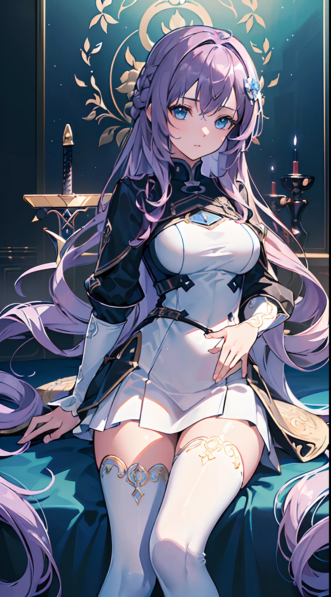 (masterpiece, best quality:1.3),beautiful detailed glow,best illuminate,(((best quality,textile shading,ultra detailed))),extremely detailed CG unity 8k wallpaper,Highly Detailed beautiful and aesthetic,best light,high resolution,detailed,dynamic lighting , sword art online style clothes , Beautiful girl , extremely long hair , twin drills hair style , purple hair , blue eyes , age 23