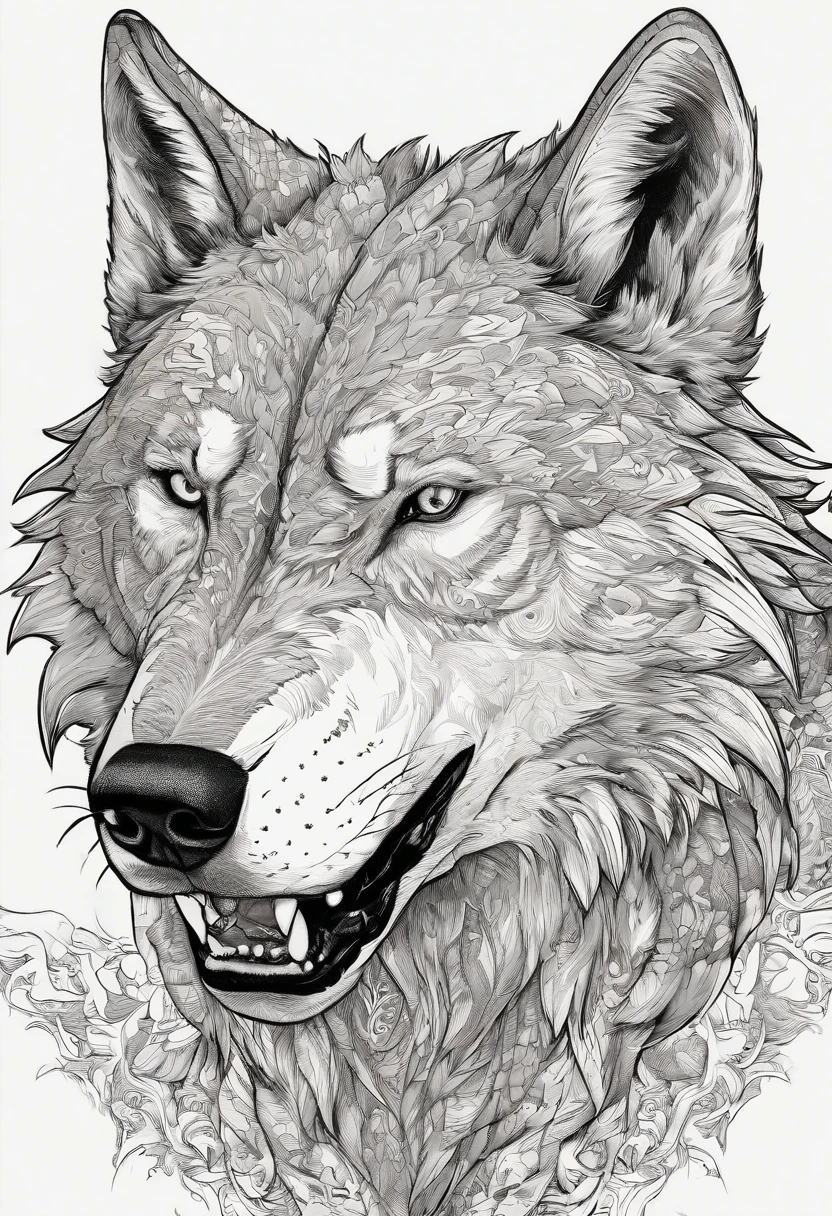 Description: Angry wolf, with details of drool coming out of its mouth, large and sharp teeth, less detailed fur, black and white manga style
Characteristics: it must be in high definition, saliva coming out of the mouth and he is very angry
Color: Black and white
Background: White
Quality: 8k, ultra hd