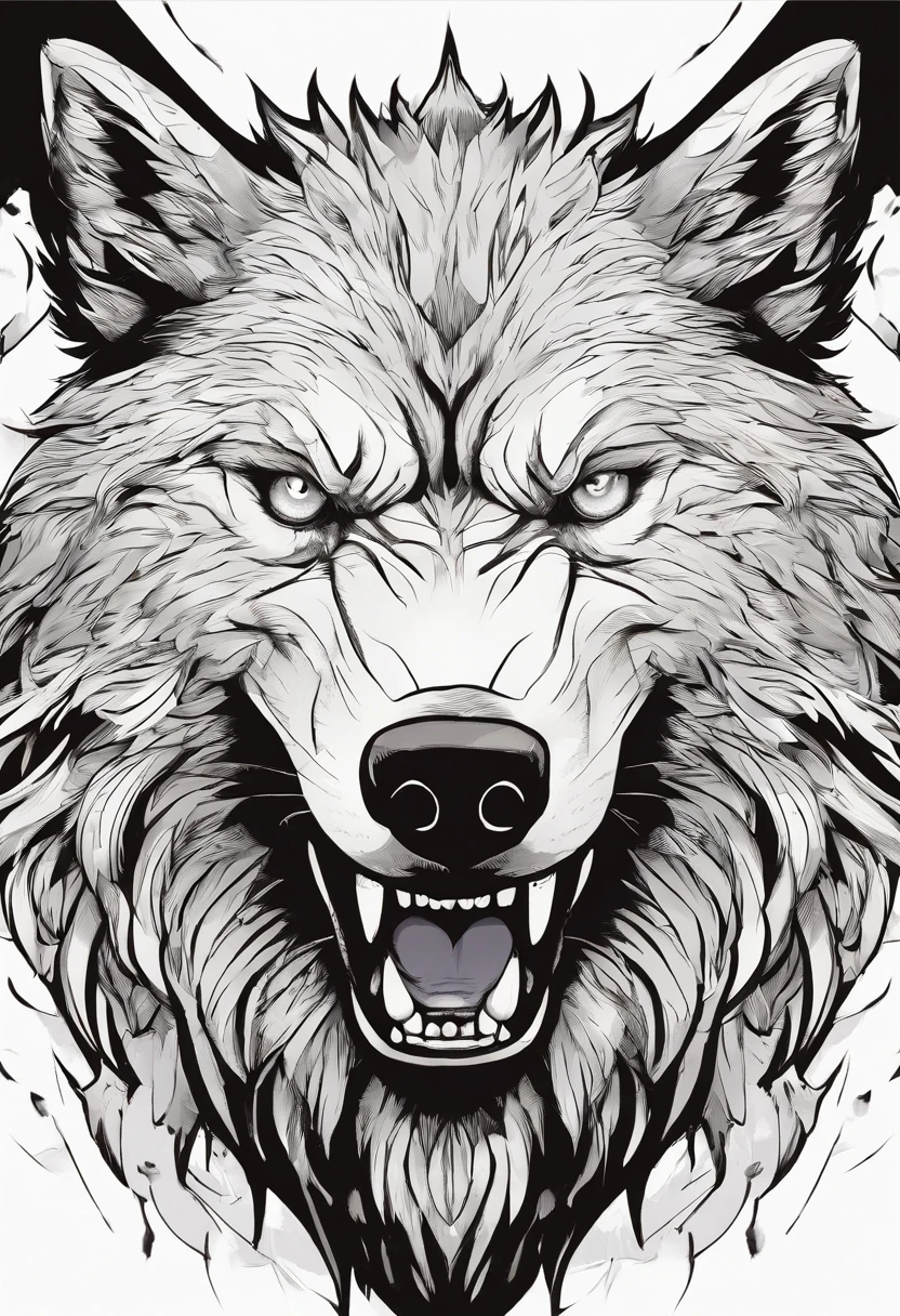 Description: Angry wolf, with details of drool coming out of its mouth, large and sharp teeth, less detailed fur, black and white manga style
Characteristics: it must be in high definition, saliva coming out of the mouth and he is very angry
Color: Black and white
Background: White
Quality: 8k, ultra hd