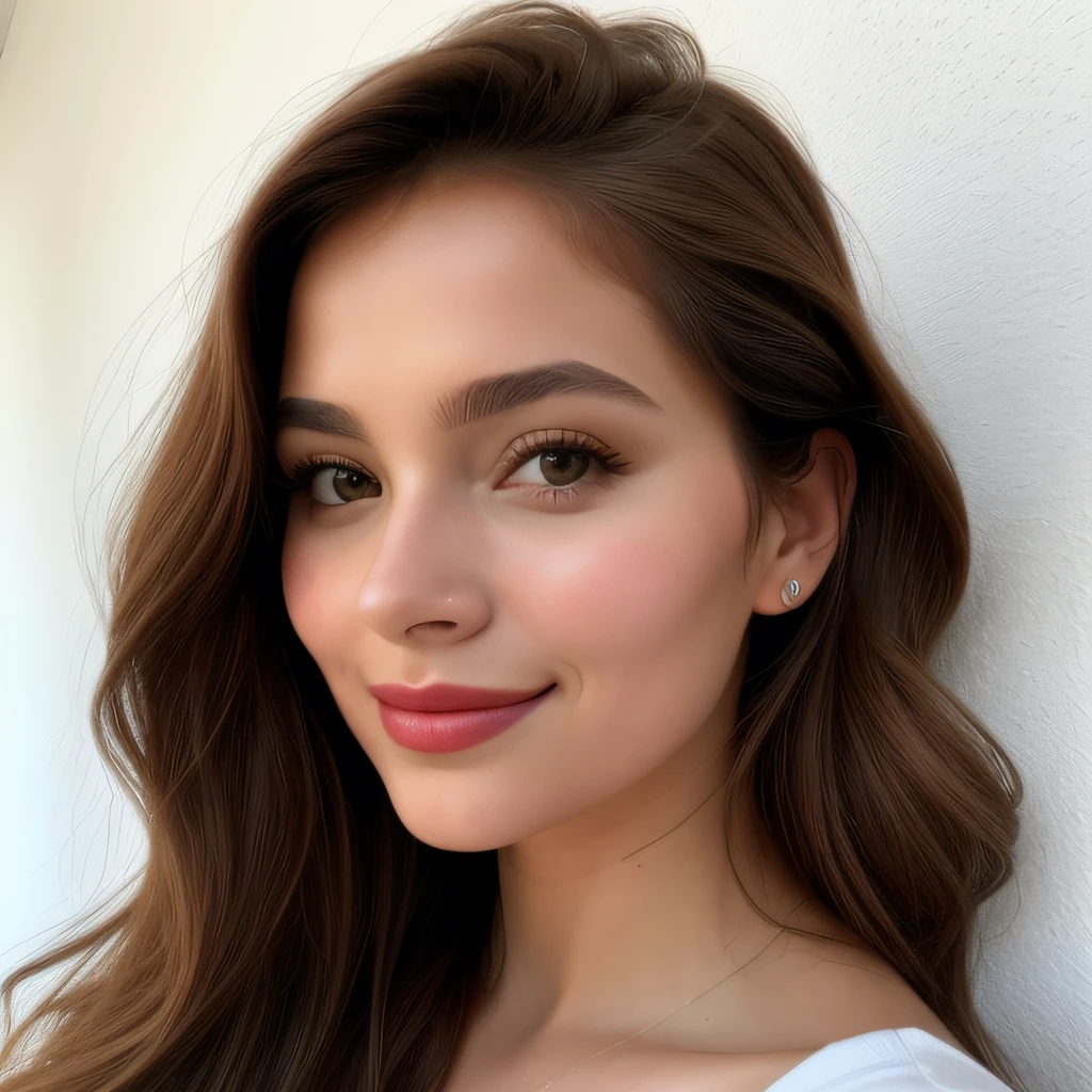 This image depicts a young woman with, superimposed brown hairs. Elle se maquille, including lipstick and eyeliner, and his lips are slightly spread in a subtle smile. Aux yeux bleus (Bien que certains voient vos yeux comme verts). as she takes a selfie of herself against an off-white wall. Lighting is soft and warm, showcasing the natural beauty of their face. Her complexion is fair but has a certain warmth that gives her complexion a healthy glow.. Her hair frames her face nicely and cascades down her shoulders in gentle waves.. She looks confident but relaxed as she captures this moment for posterity