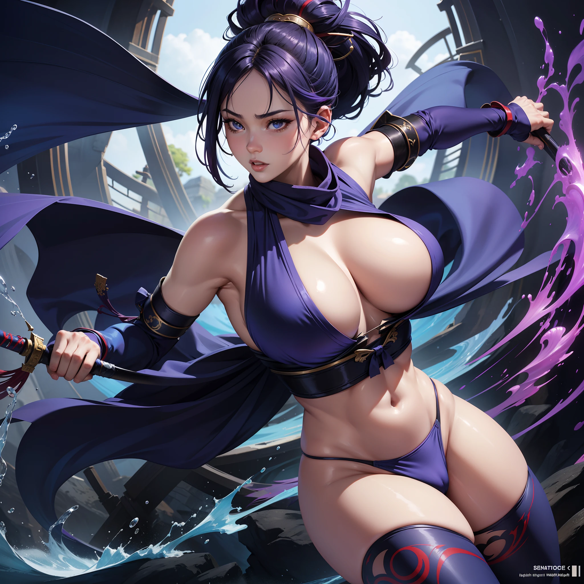 (hyperrealistic:1.2),(photorealistic face:1.2),best quality, sharp focus,masterpiece,swimsuit,photography, photorealistic, ultra realistic, cinematic,RAW photo,8k uhd,film grain,photo,intricate details,hyper realistic


1girl,Chifusa  \(manyuu hikenchou\),curvy girl ninja, golden eyes,dark blue hair that usually wears up in a ponytail,white scarf,loose red kimono with top slightly open,cloth wrap underneath kimono,black arm guards with dark blue gloves underneath,dark blue thigh-highs,black ninja sandals,((boob window)),((cleavage:1)),((big boobs:1.2)),((huge boobs:1.2)), chubby, curvy,(thick thighs:1)),girl 1 has a coloured skin,beautiful, perfect anatomy,dynamic pose, agility, swordsmanship, ninja stance,sword stance, skimpy kimono, visible panty, purple panty, multiple views, 

girl2,Chifusa  \(manyuu hikenchou\),curvy girl ninja,red sparkling eyes,red fiery blue hair that usually wears up in a ponytail,white scarf,loose dark blue kimono with top slightly open,cloth wrap underneath kimono,white arm guards with black gloves underneath,dark red thigh-highs,white ninja sandals,((boob window)),((cleavage:1)),((big boobs:1.2)),((huge boobs:1.2)),(purple skin),chubby, curvy,(thick thighs:1)),beautiful, perfect anatomy,dynamic pose, agility, swordsmanship, ninja stance,sword stance, skimpy kimono,visible panty,tough look,mean look, white panty, spiritual appearance, translucent appearance, multiple views
((girl2 is a familiar of girl1)),irl2 stands besides girl1 in a dynamic fighting pose, multiple views, 

Ben Bauchau, Michael Garmash, Daniel F
Gerhartz, Clint Cearley, Carne Griffiths, Jean Baptiste
Monge, strybk style, warm dreamy lighting, matte
background, volumetric lighting, pulp adventure
style, fluid acrylic, dynamic gradients, bold color,
illustration, highly detailed, simple, smooth and clean
vector curves, vector art, smooth, johan grenier,
character design, 3d shadowing, fanbox, cinematic.
ornate motifs, elegant organic framing,