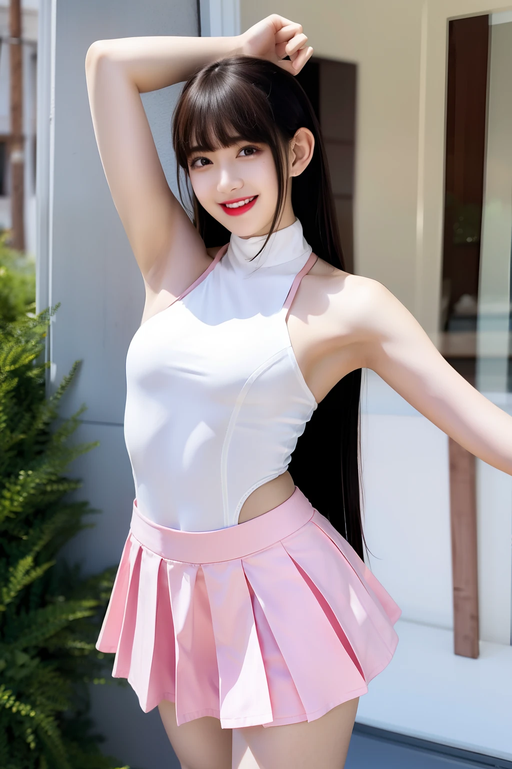 Enamel Bodycon、Armpits、Bodysuits、Long body、Twin-tailed、Underpants、raise both arm、a miniskirt、Full smile、the front、Street