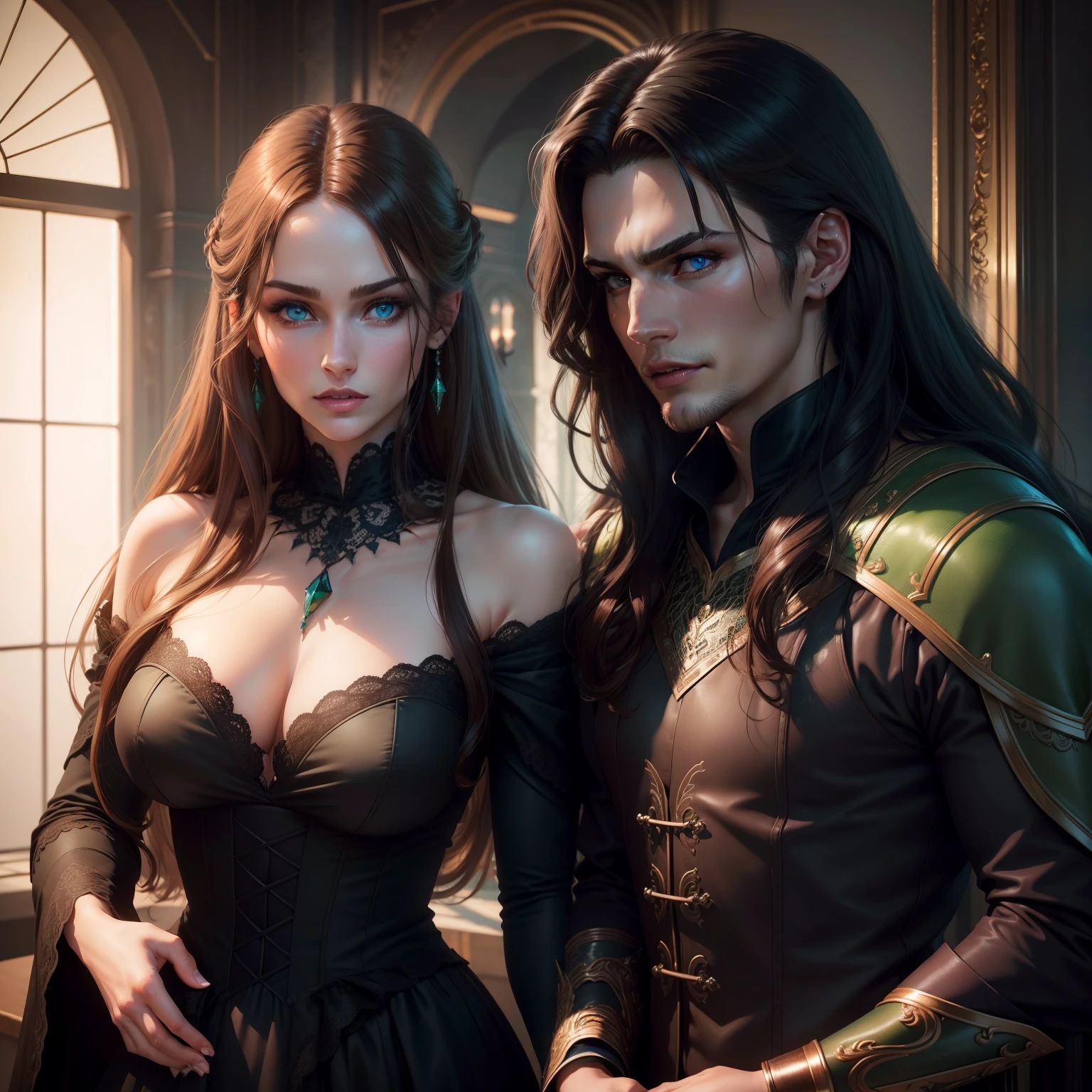 (best quality,realistic:1.2),vivid colors,portrait,hdr,ultra-detailed,indoor lighting,a vampire-werewolf fea hybrid with beautiful brown hair and stunning baby blue eyes,standing close to her tall, dark, and mysterious husband, who has captivating green eyes and lustrous black hair