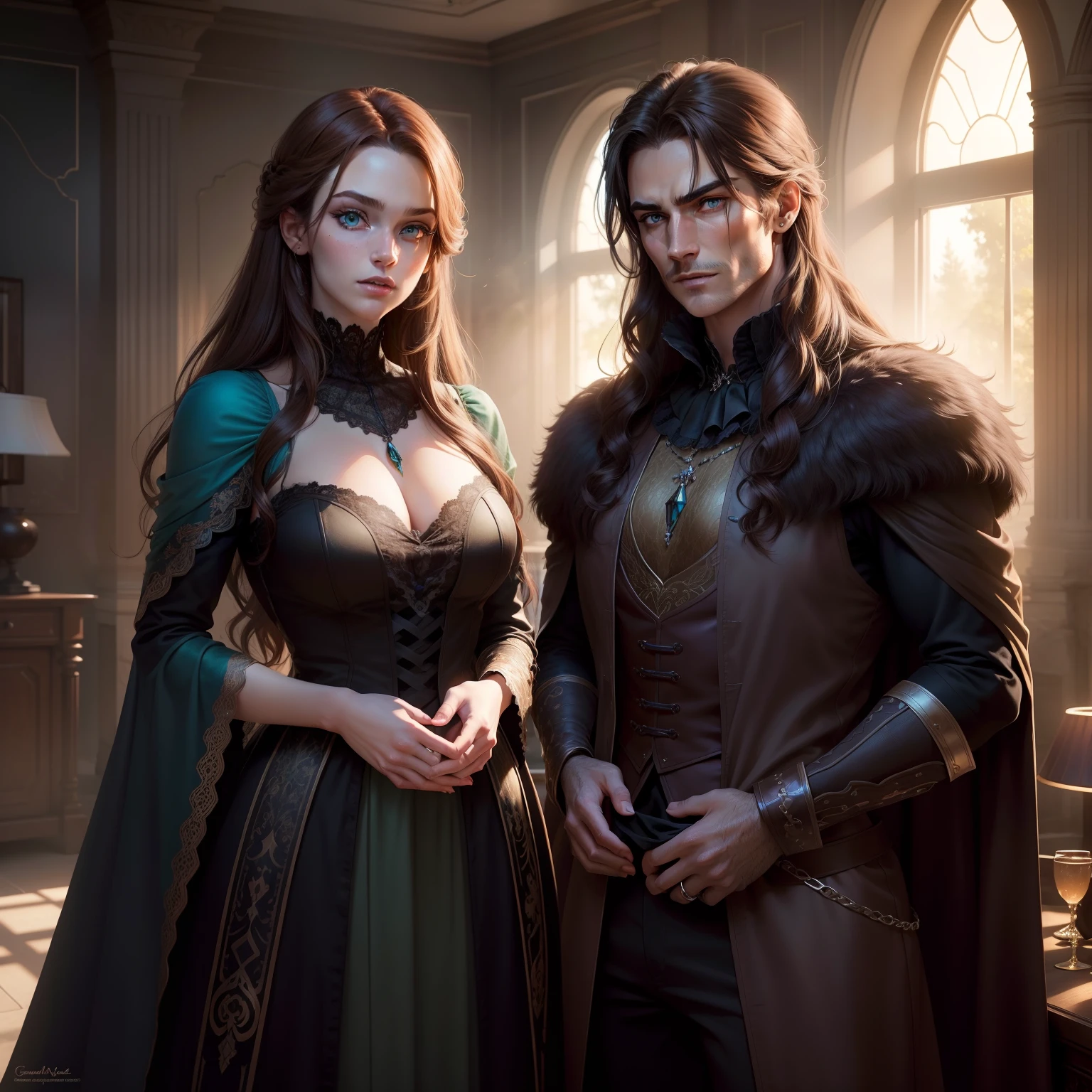 (best quality,realistic:1.2),vivid colors,portrait,hdr,ultra-detailed,indoor lighting,a vampire-werewolf fea hybrid with beautiful brown hair and stunning baby blue eyes,standing close to her tall, dark, and mysterious husband, who has captivating green eyes and lustrous black hair