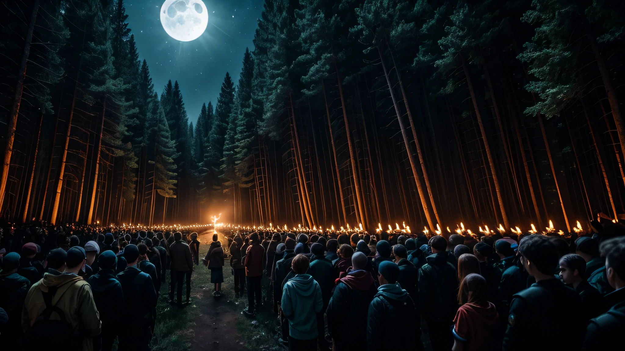 This light is burning all over the girl's body, a boy is holding the girl's hand, many people are standing around with torches, in the middle of the forest and all around is illuminated by the moonlight.