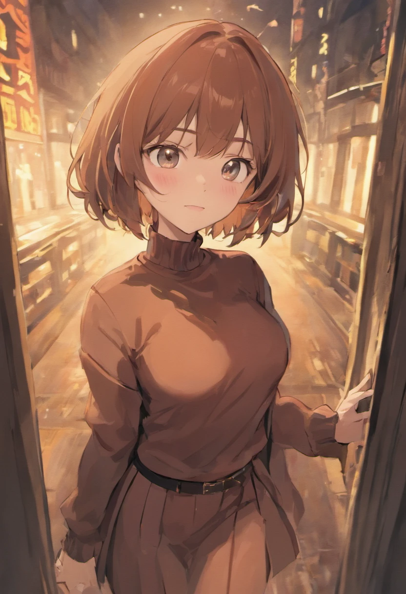 pov delicate and beautiful mandalay, brown short hair, bangs, hair between eyes, brown eyes, large breasts, turtleneck ribbed sweater, long sleeves, belt, white pencil skirt, black pantyhose, (nice angle, smile, extreme effect, miracle effect), (8k, background, outdoors, scenery)