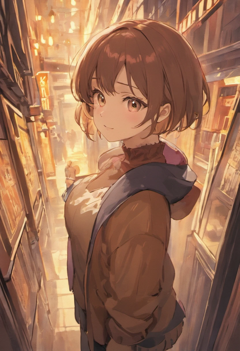 pov delicate and beautiful mandalay, brown short hair, bangs, hair between eyes, brown eyes, large breasts, turtleneck ribbed sweater, long sleeves, belt, white pencil skirt, black pantyhose, (nice angle, smile, extreme effect, miracle effect), (8k, background, outdoors, scenery)