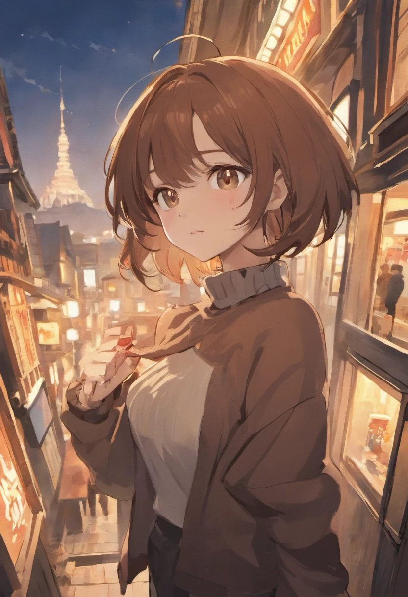 pov  delicate and beautiful mandalay, brown short hair, bangs, hair between eyes, brown eyes, large breasts, turtleneck ribbed sweater, long sleeves, belt, white pencil skirt, black pantyhose, (nice angle, smile, extreme effect, miracle effect), (8k, background, outdoors, scenery)