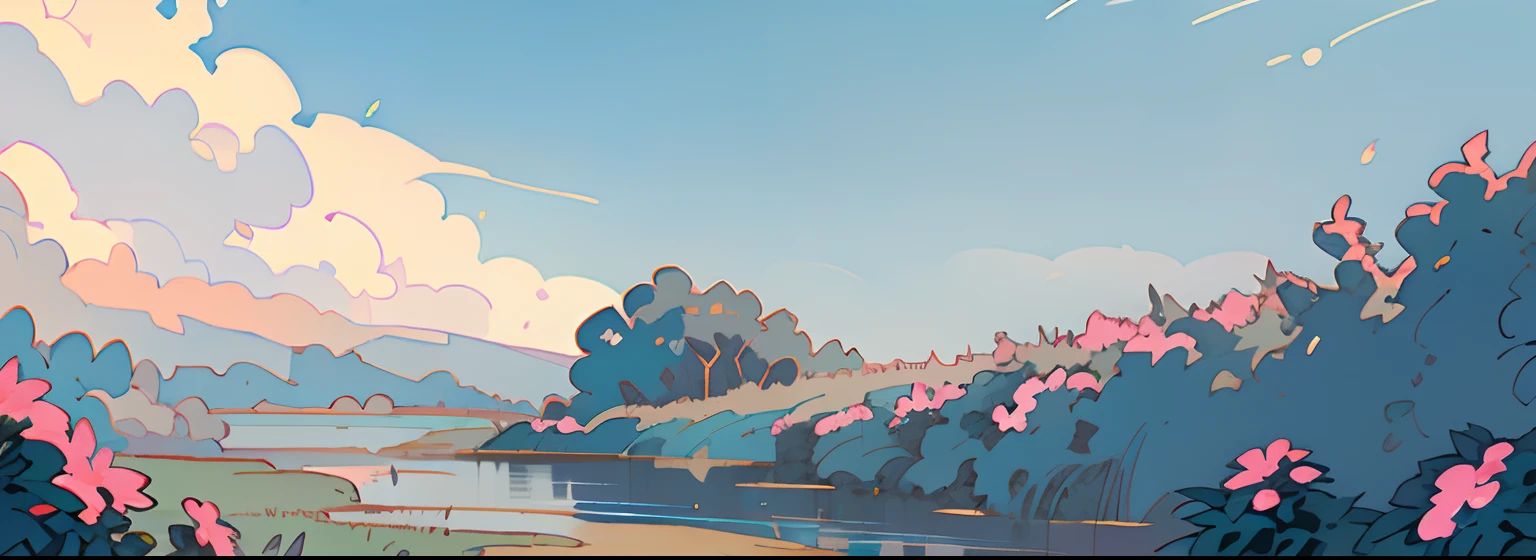 (Masterpiece)+ (great quality) + (beautiful flowery countryside landscape) + (blue sky) + (many flowers)+ (clouds) + (running water)+ (bright sun)+ (gentle breeze)