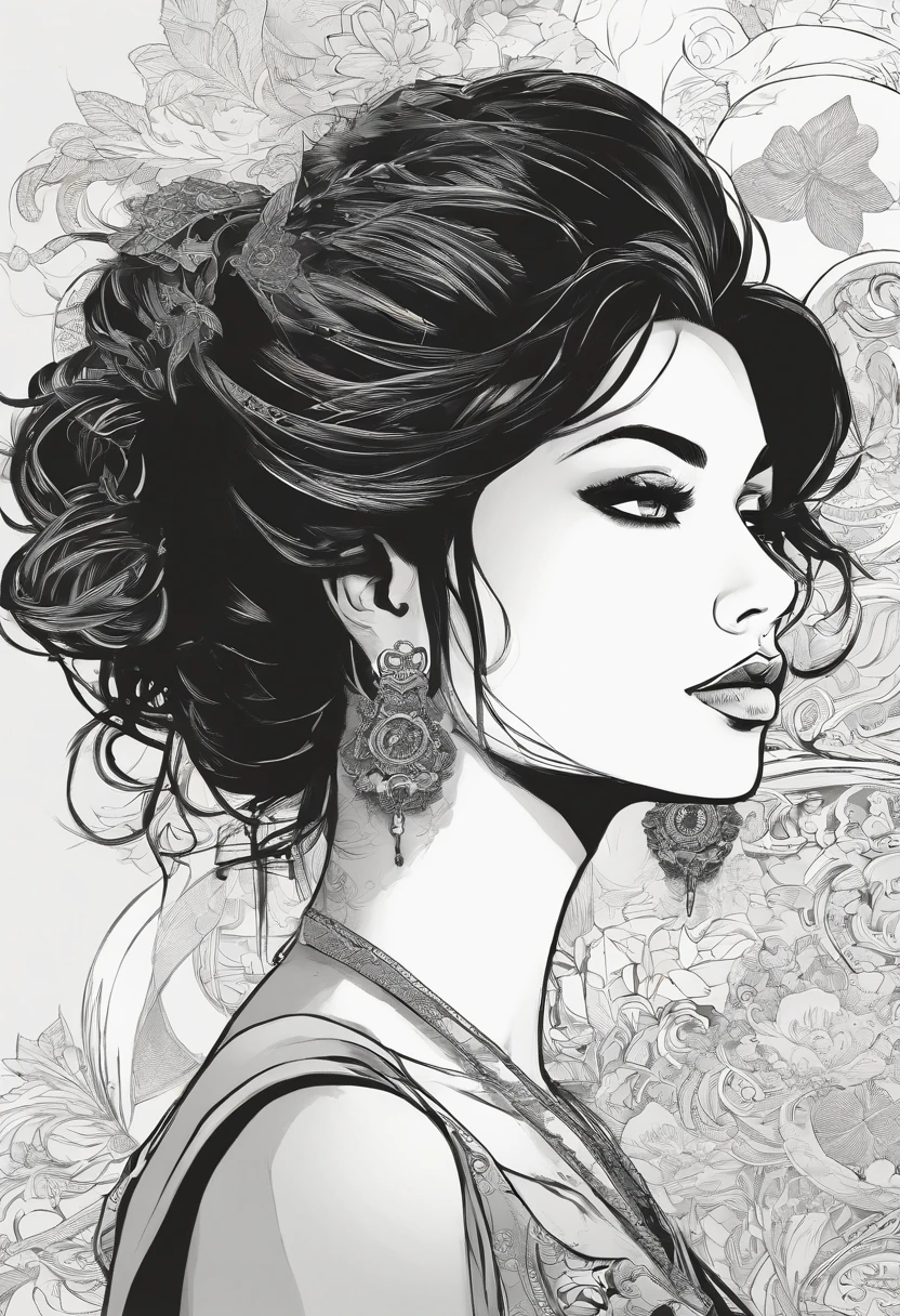 Description: India silhouette in profile, very detailed face, must have tattoos done on her face, she must have long hair, black and white manga style
Characteristics: must be in high definition, with tattoos on the face
Color: Black and white
Background: White
Quality: 8k, ultra hd