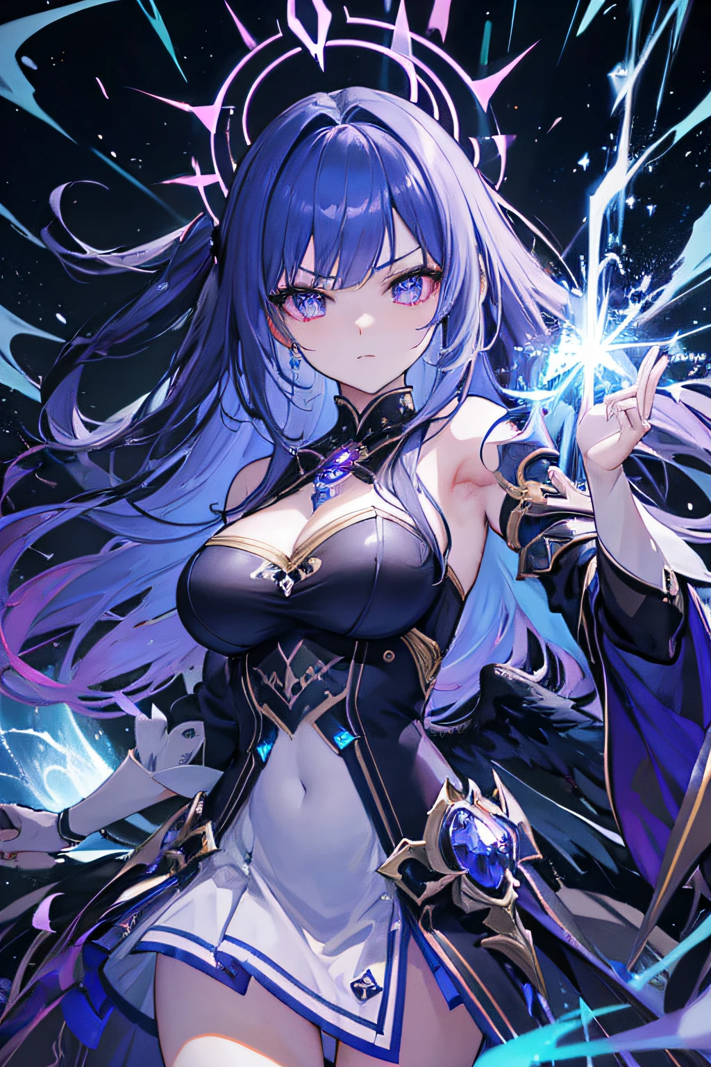 Gewitter, finstere Nacht, Angry young goddess of darkness in a sparkling dark blue und purple fantasy moon dress with wings hovers in a storm, in her hand she holds a black flame, ihre Augen leuchten grell, dark blue flashing wings, grelle Blitze und Funken, Anime Goddess of darkness, Unreal-Engine-Rendering + a goddess, 3-D-Rendercharakter Kunst 8 K, render of a cute 3d anime girl, 3D-Unreal-Engine, Anime sehr detailliert, 8k hochwertige detaillierte Kunst, Goddess of Thunder. Extrem hohe Detailgenauigkeit, photorealistic anime girl render, dark goddes