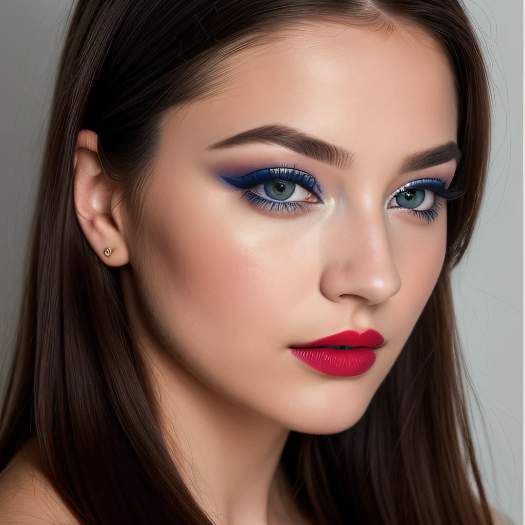 This image represents a, Jeune femme aux yeux bleus. Elle se maquille, including eye shadow, eyeliner, mascara, and lipstick. Her lips are painted in a bright red shade that stands out against her pale complexion... Her eyebrows have been cared for to perfection and her long eyelashes frame her face beautifully... The woman's hair is pulled back from her face, which allows the viewer to focus on the details of their facial features.. She has an intense gaze that draws attention to the subtle contours of her cheeks and jaw.... This portrait captures a moment of beauty as she looks directly into the camera lens with confidence and composure....