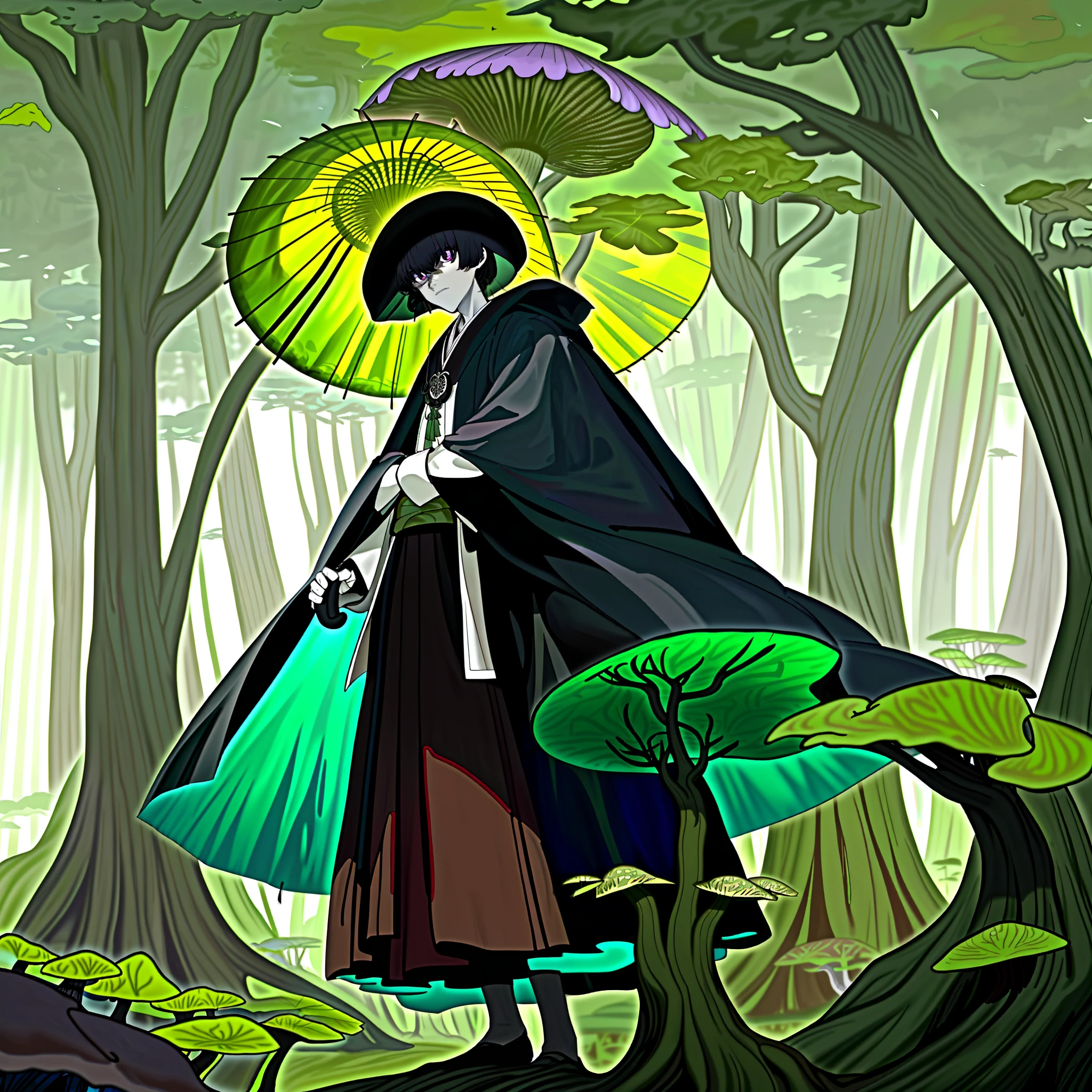 This is a Japanese-style weirdo with the characteristics of a mushroom umbrella cover,(It looks like a mushroom umbrella cover,But it's actually a cloak:1.3),It's tall,Have strong muscles,Use fists and feet as weapons,(/Its arms are crossed with dark green vines:1.3/),(//The strange man mentioned was a monk wearing a cloak and robes:1.4//),Posture of live meditation。Break!。in the darkness nigth, Humid Black Forest,(The roots of the tree are staggered,There are quite a few mushrooms growing:1.3),(Purple mud covered with mycelium:1.3),(The canopy shades the sun,Only a small amount of light shines on the earth piecemeal through the gaps between the leaves:1.3)。The atmosphere should feel oppressive,There is an image of not being angry and self-threatening,Excellent enemy characters,master piece,8K wallpaper,