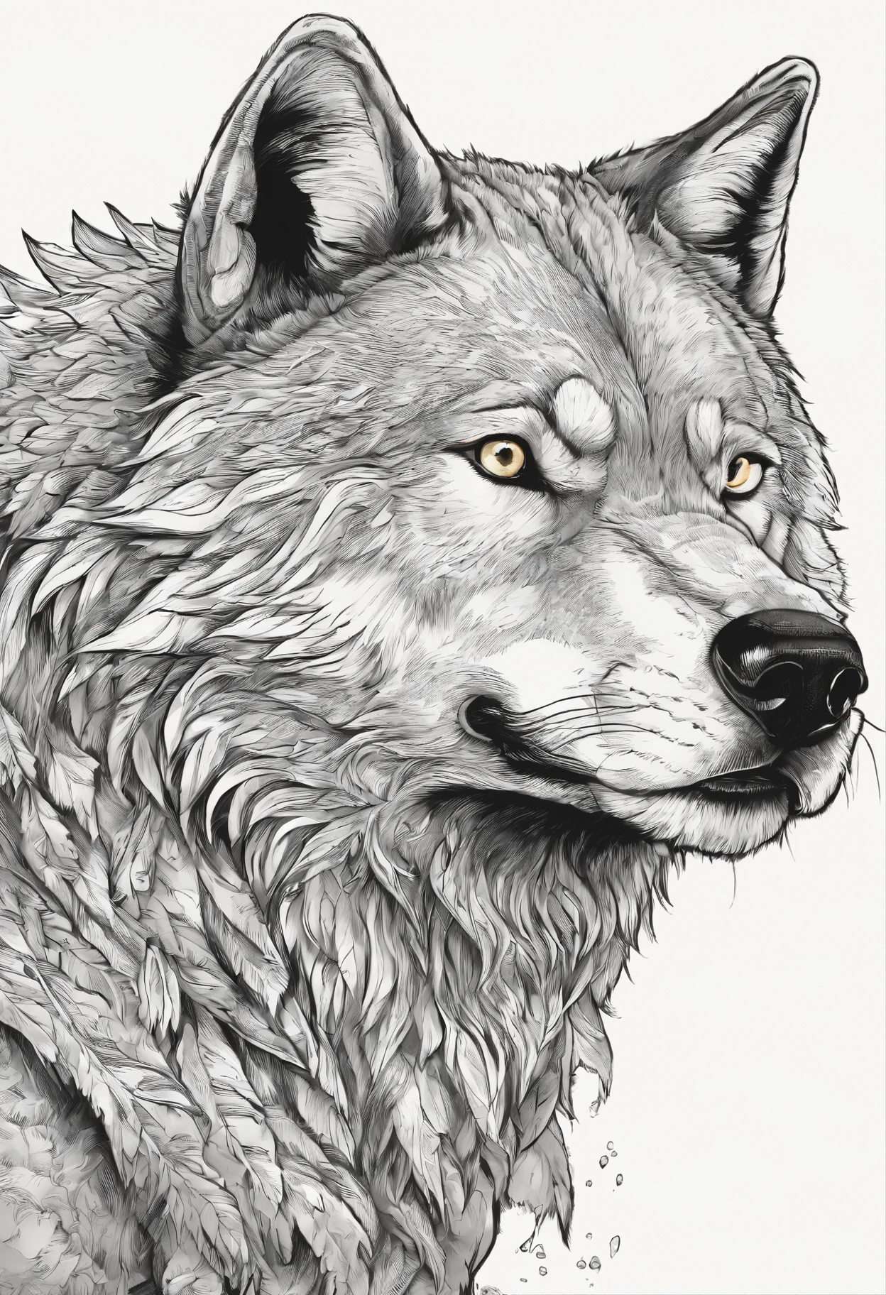 Description: Angry wolf, with details of drool coming out of its mouth, large and sharp teeth, less detailed fur, black and white manga style
Characteristics: it must be in high definition, saliva coming out of the mouth and he is very angry
Color: Black and white
Background: White
Quality: 8k, ultra hd