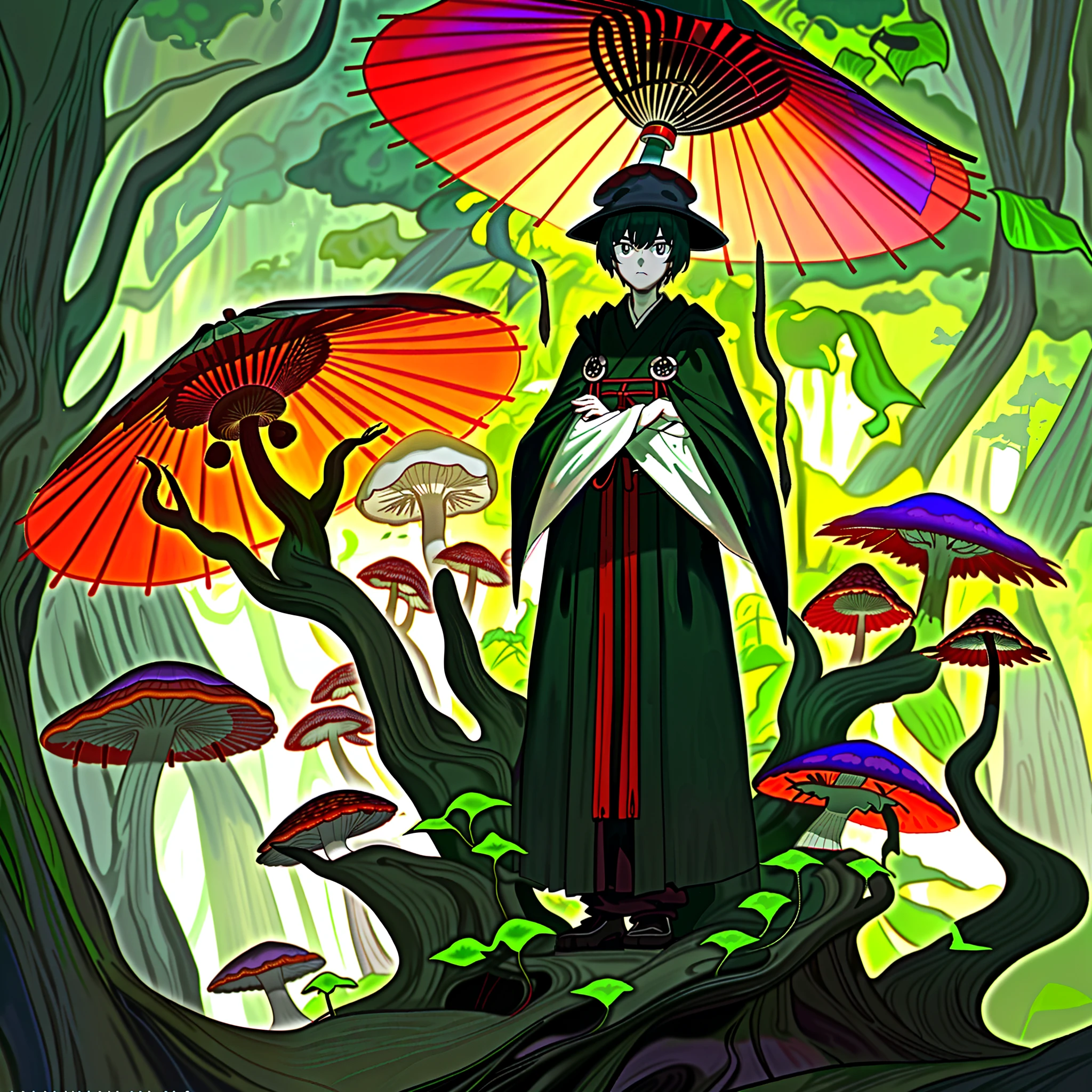 This is a Japanese-style weirdo with the characteristics of a mushroom umbrella cover,(It looks like a mushroom umbrella cover,But it's actually a cloak:1.3),It's tall,Have strong muscles,Use fists and feet as weapons,(/Its arms are crossed with dark green vines:1.3/),(//The strange man mentioned was a monk wearing a cloak and robes:1.4//),Posture of live meditation。Break!。in the darkness nigth, Humid Black Forest,(The roots of the tree are staggered,There are quite a few mushrooms growing:1.3),(Purple mud covered with mycelium:1.3),(The canopy shades the sun,Only a small amount of light shines on the earth piecemeal through the gaps between the leaves:1.3)。The atmosphere should feel oppressive,There is an image of not being angry and self-threatening,Excellent enemy characters,master piece,8K wallpaper,