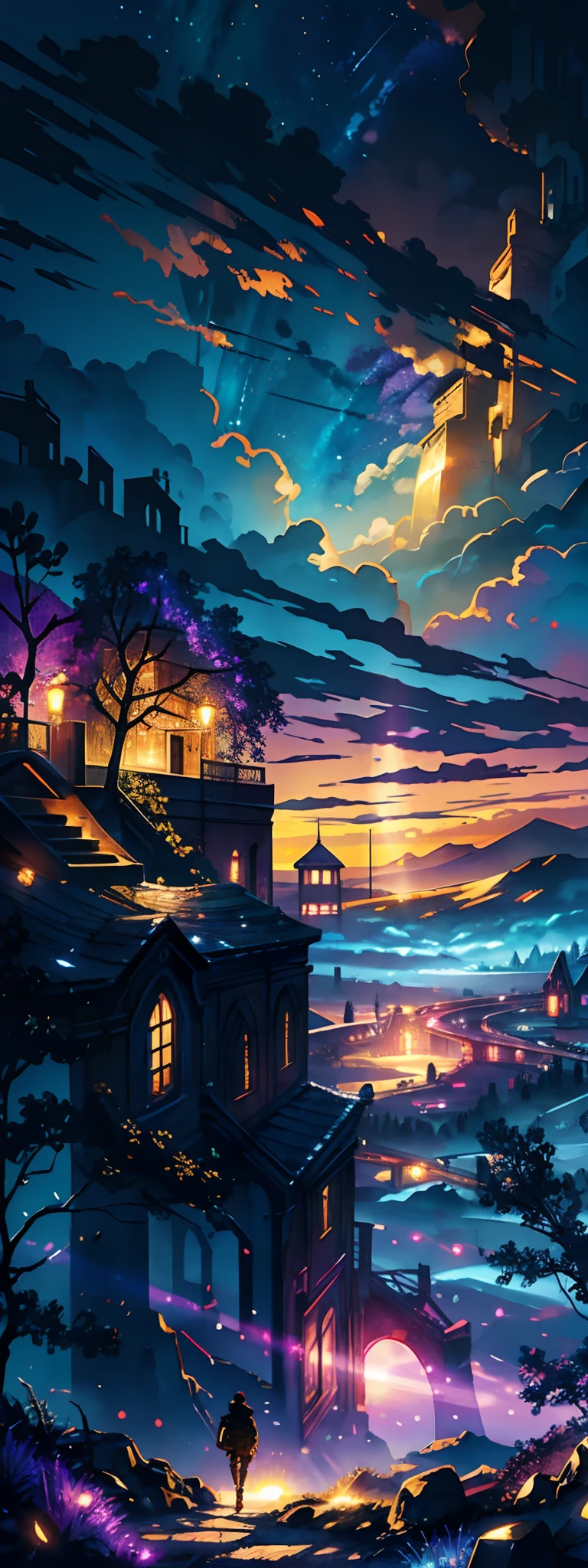 , expansive landscape photograph , (a view from behind that shows sky above and open field below), (afternoon,  ((sky, cloud))), distant mountain, tree BREAK production art, (warm light source:1.2), (Firefly:1.2), lamp, lot of purple and orange, intricate details, volumetric lighting BREAK (masterpiece:1.2), (best quality), 4k, ultra-detailed, (dynamic composition:1.4), highly detailed, colorful details,( iridescent colors:1.2), (glowing lighting, atmospheric lighting), dreamy, magical, (solo:1.2)