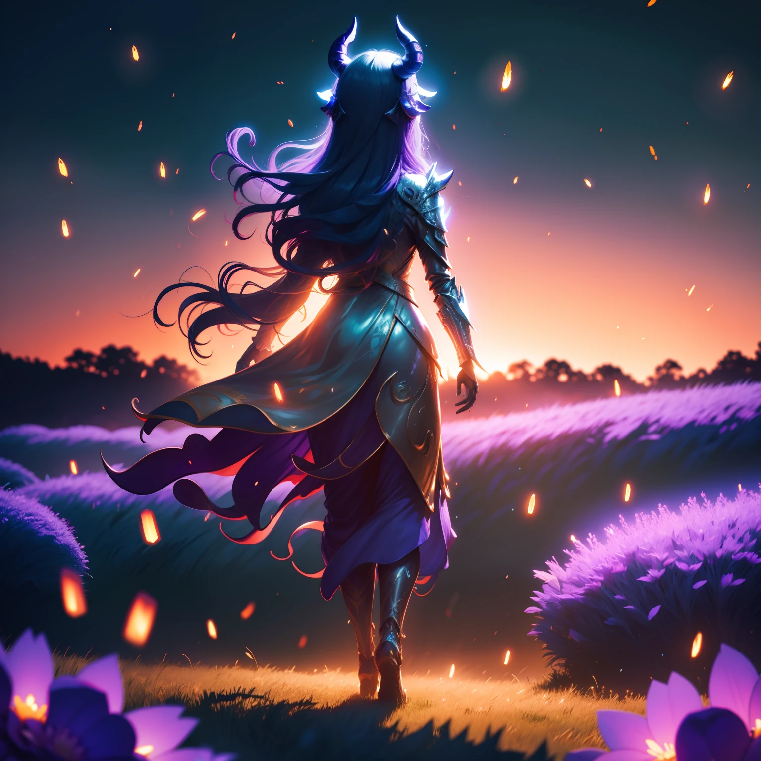 women with horns coated with a metal slime, standing in a field surrounded by a swarm of glowing fireflies, long hair, wavy dress, high quality, 4k, highly detailed, lone figure, full body, colorful flowers, Grass waving from the wind, evening giving way to night, orange skyline, beautiful, stunning, triumphant pose, neutral expression, frills, glowing purple