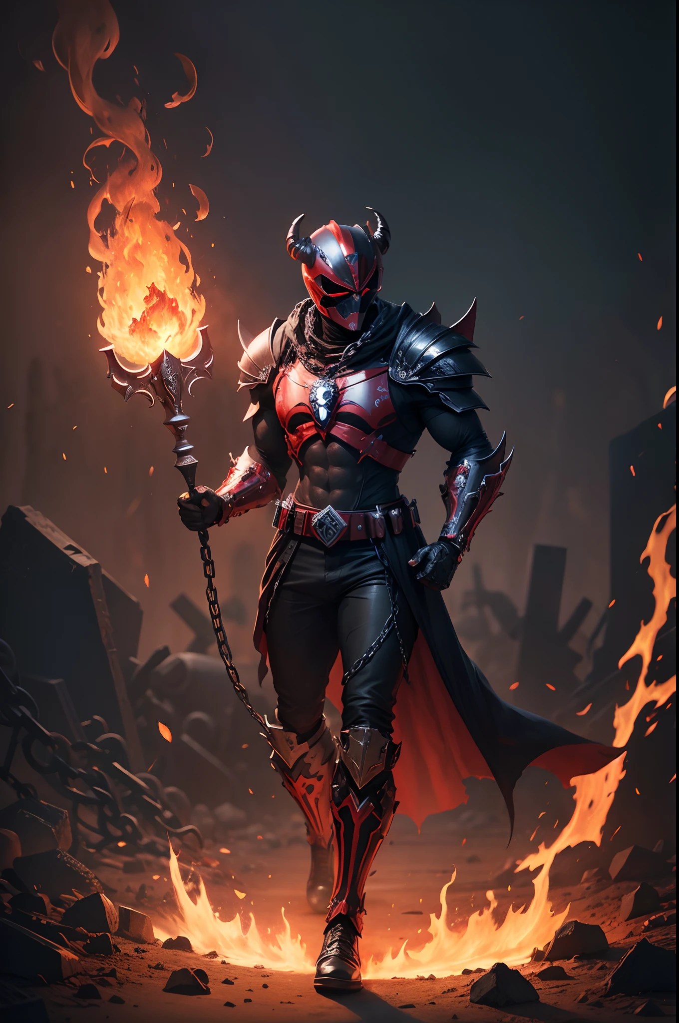 create a dark red power ranger ,skull, bones, armor, larva, goth, gore, chains, burning between flames, full body , mythic , black background ,a bit ancient theme