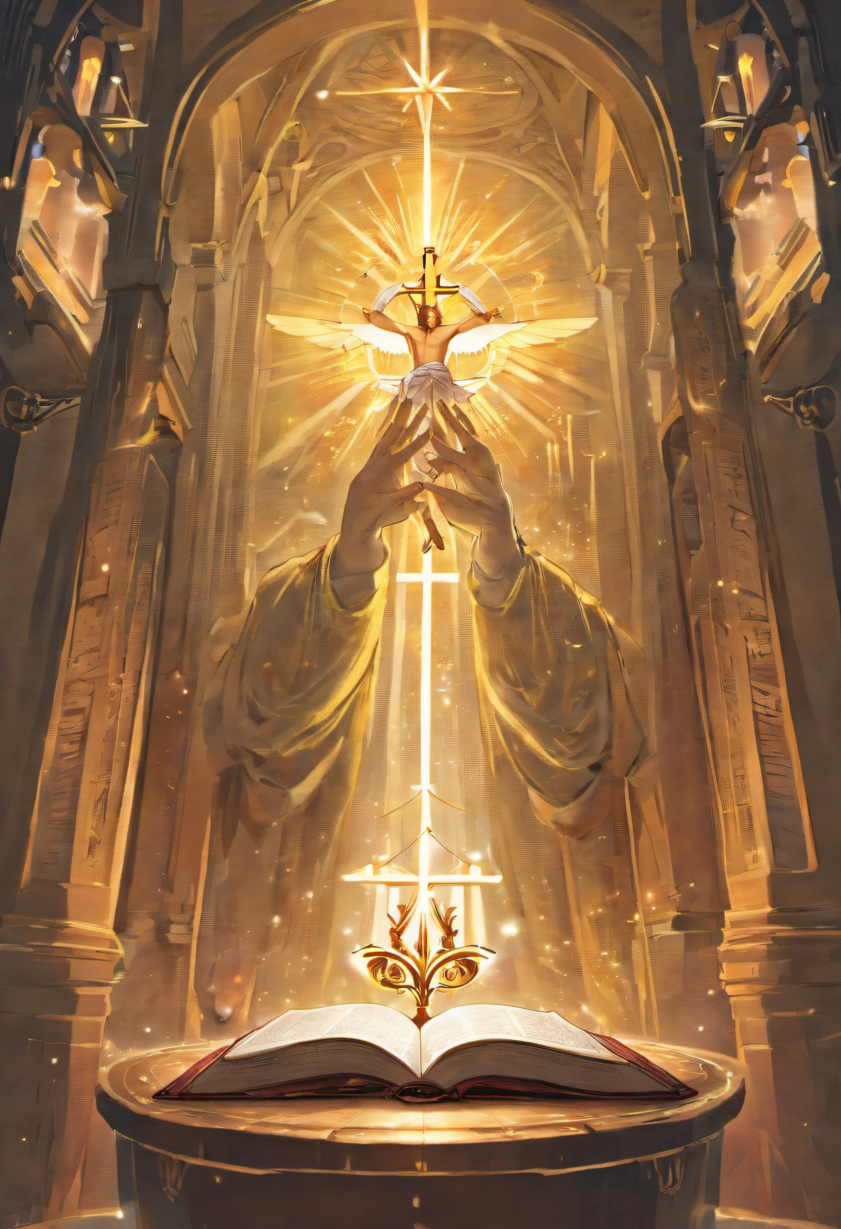 "Por favor, create a high-definition image of the Holy Bible that captures the reverence and spiritual significance of this holy book. The image should convey the historical and religious importance of the Bible, apresentando-a de forma digna e respeitosa. Use soft lighting to highlight cover and page details, enfatizando sua textura e envelhecimento, if applicable. Position the Bible in an environment that evokes a sacred environment, como uma prateleira de madeira em uma biblioteca antiga ou um altar iluminado. As cores devem ser sutis e a tipografia, apresente-se, deve ser elegante e discreta. The image should inspire a sense of reverence and spiritual connection to the words and teachings contained in the Holy Bible."