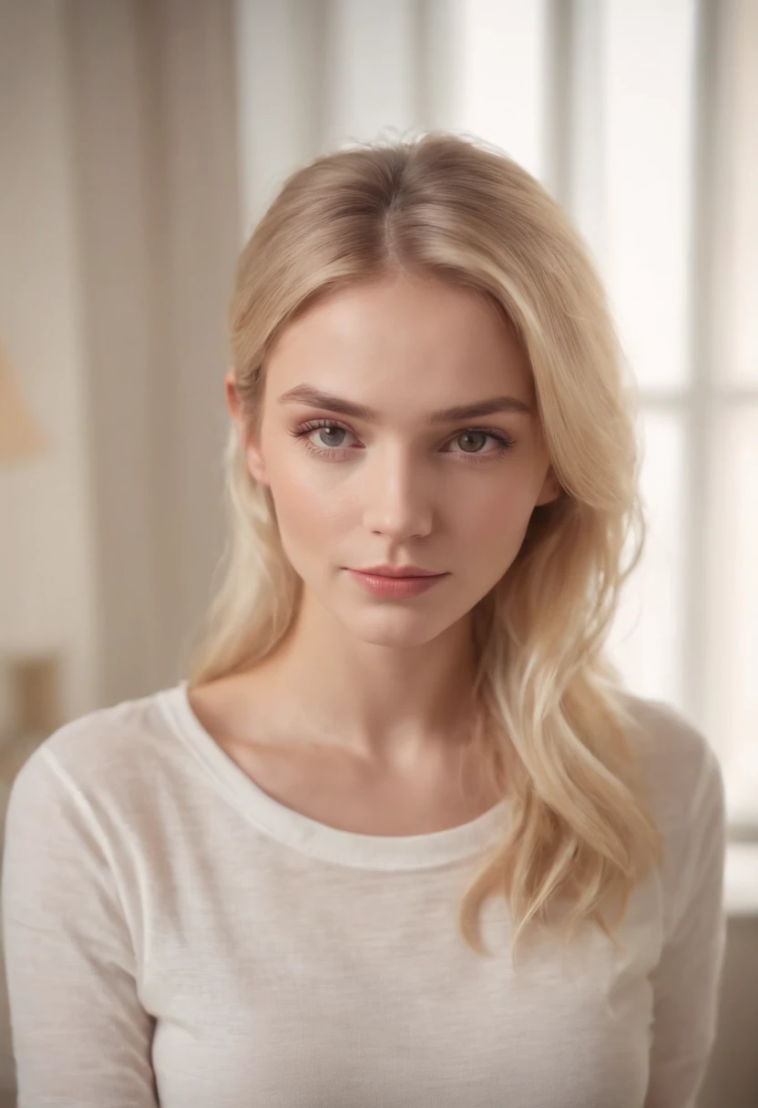Female Woman Girl Cute Blonde Hair Long Skinny T-Shirt Worn On Her