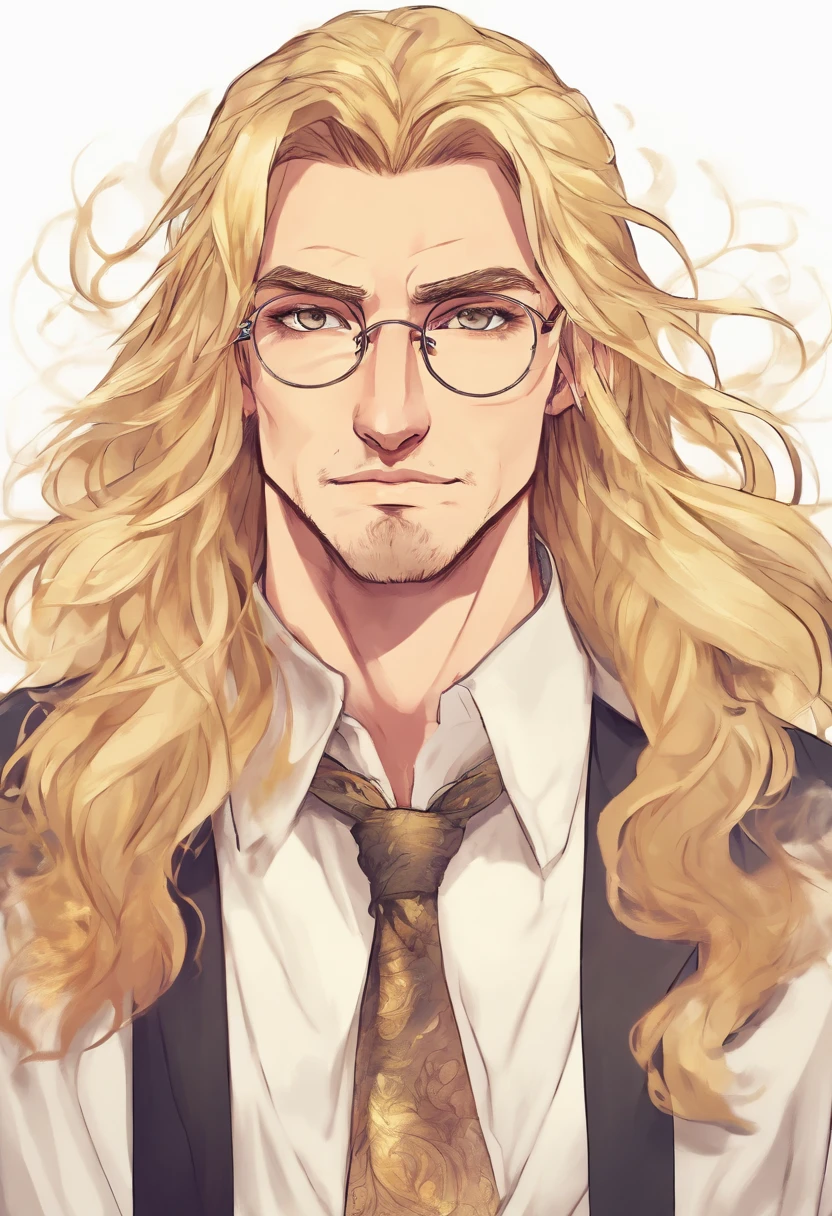 adult man, long golden hair, amber eyes, round glasses, no beard