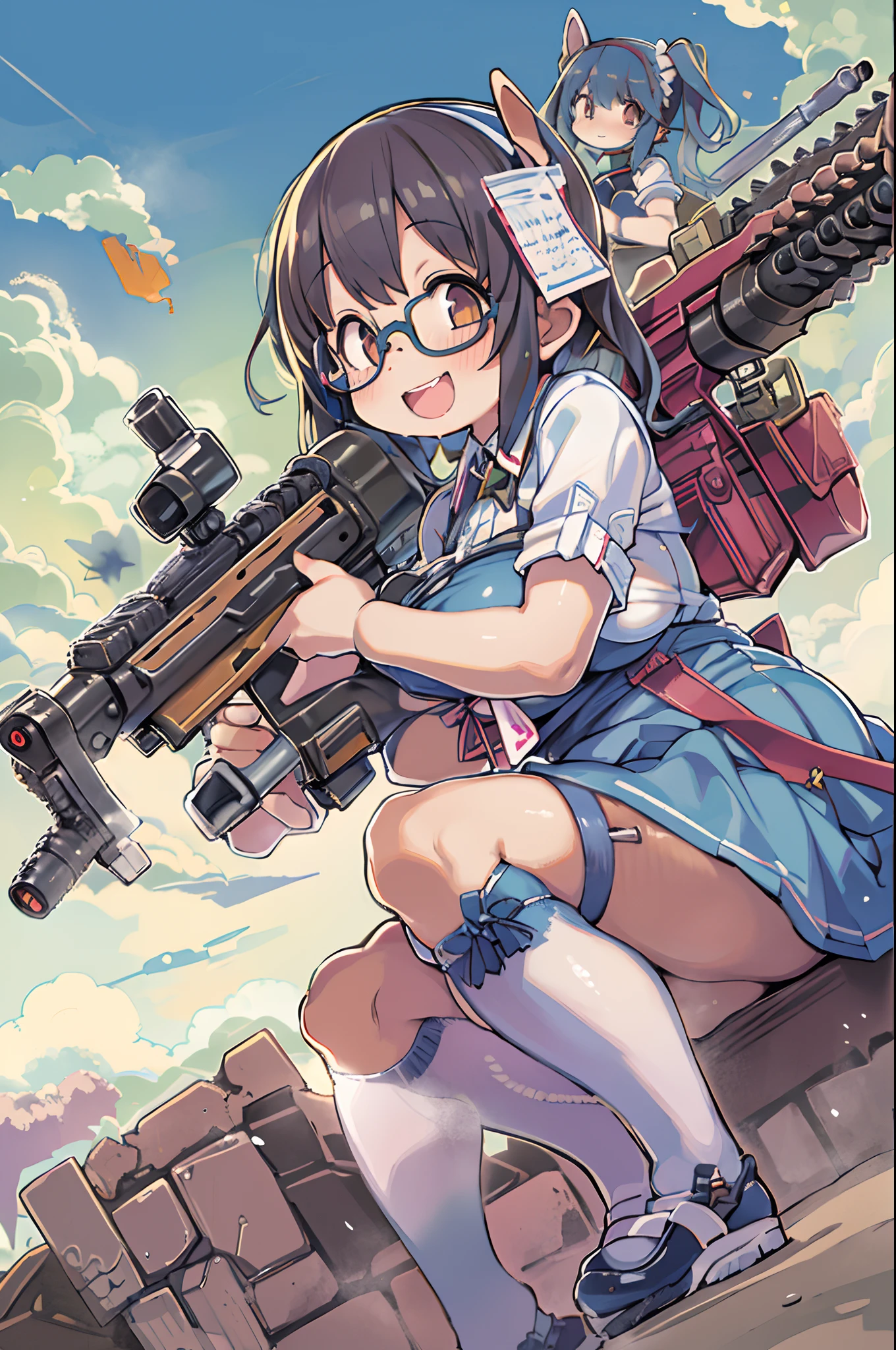 masutepiece, Best Quality, 1girl in, Empty eyes, Utsurome, maid, Smile,a child girl,Lori,(((Huge assault rifle))),rocket launcher、Multiple girls、Big round glasses、