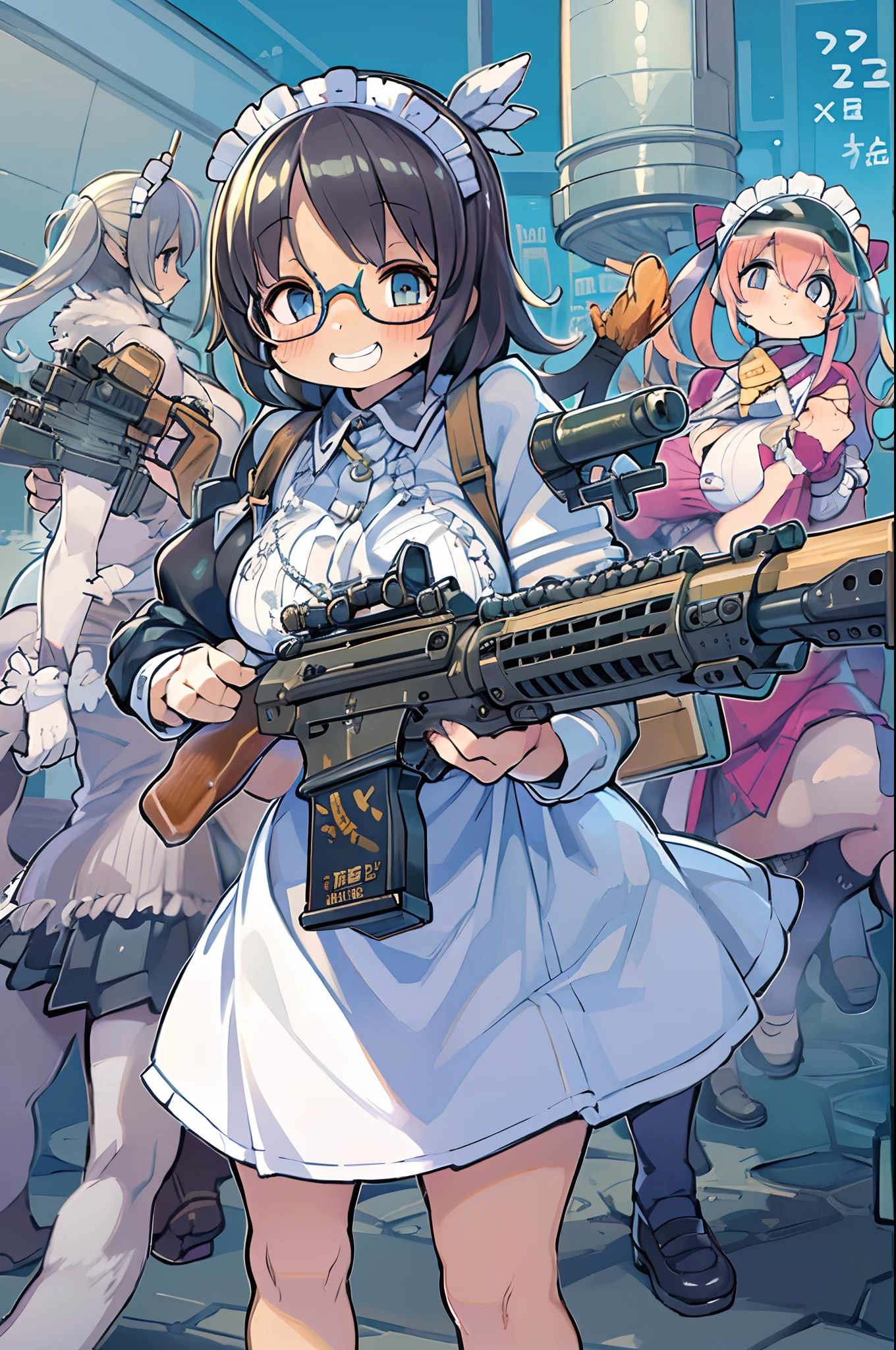 masutepiece, Best Quality, 1girl in, Empty eyes, Utsurome, maid, Smile,a girl,Lori,(((Huge assault rifle))),rocket launcher、Multiple girls、Big round glasses、