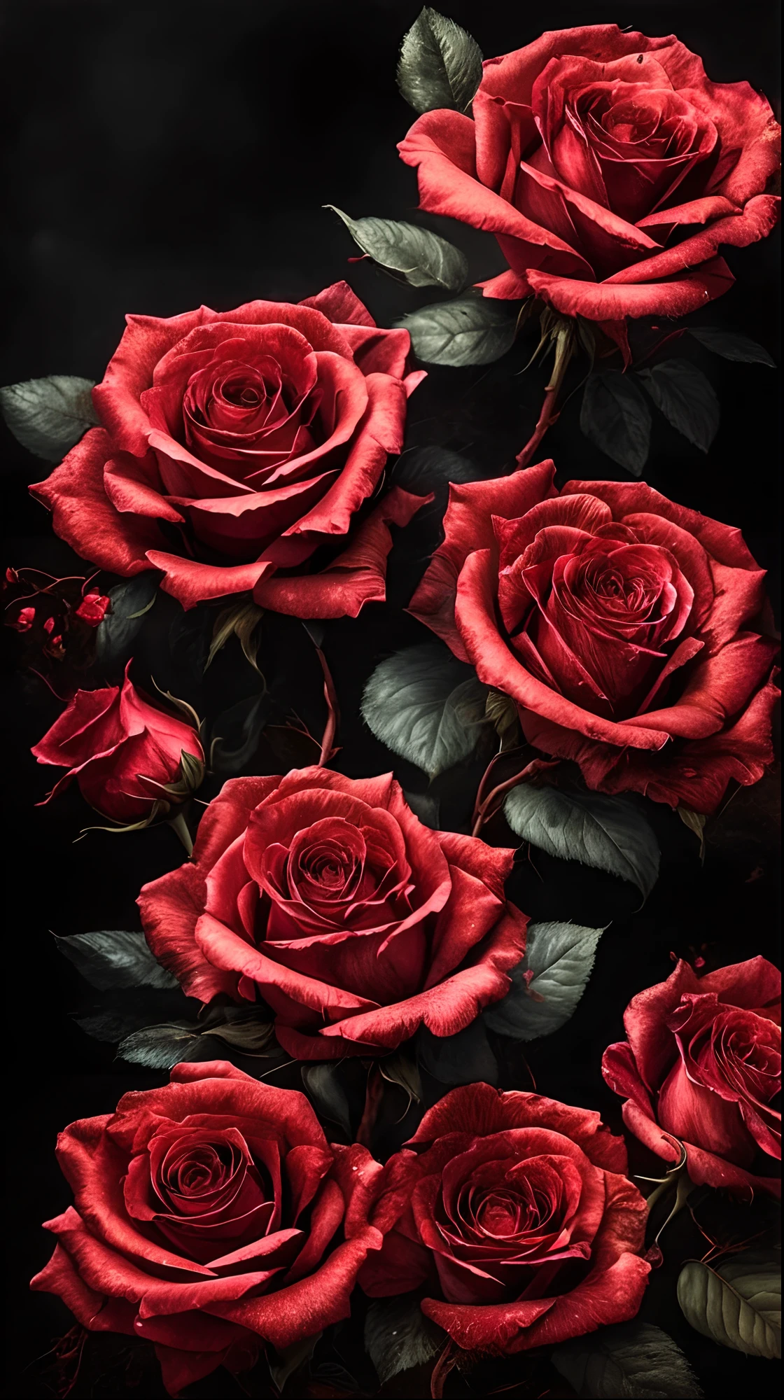 A close-up of a painting featuring roses against a black background, with the roses appearing to explode outwards. The subject is portrayed as the queen of black roses, emanating an aura of regality and mystery. The artwork is executed with a keen attention to detail, resulting in a highly detailed and visually striking composition. The use of dark and intricate elements enhances the depth and texture of the roses. There is a celestial quality to the vibrant red flowers, evoking a sense of otherworldly beauty. The red roses, depicted in neon hues, pop against the dark backdrop, creating a visually dynamic contrast. This piece is presented in stunning 8K resolution, offering an incredibly detailed and immersive viewing experience. The composition masterfully captures the essence of vibrant, intricately detailed roses against a dark background, resulting in a visually captivating and emotionally evocative artwork.