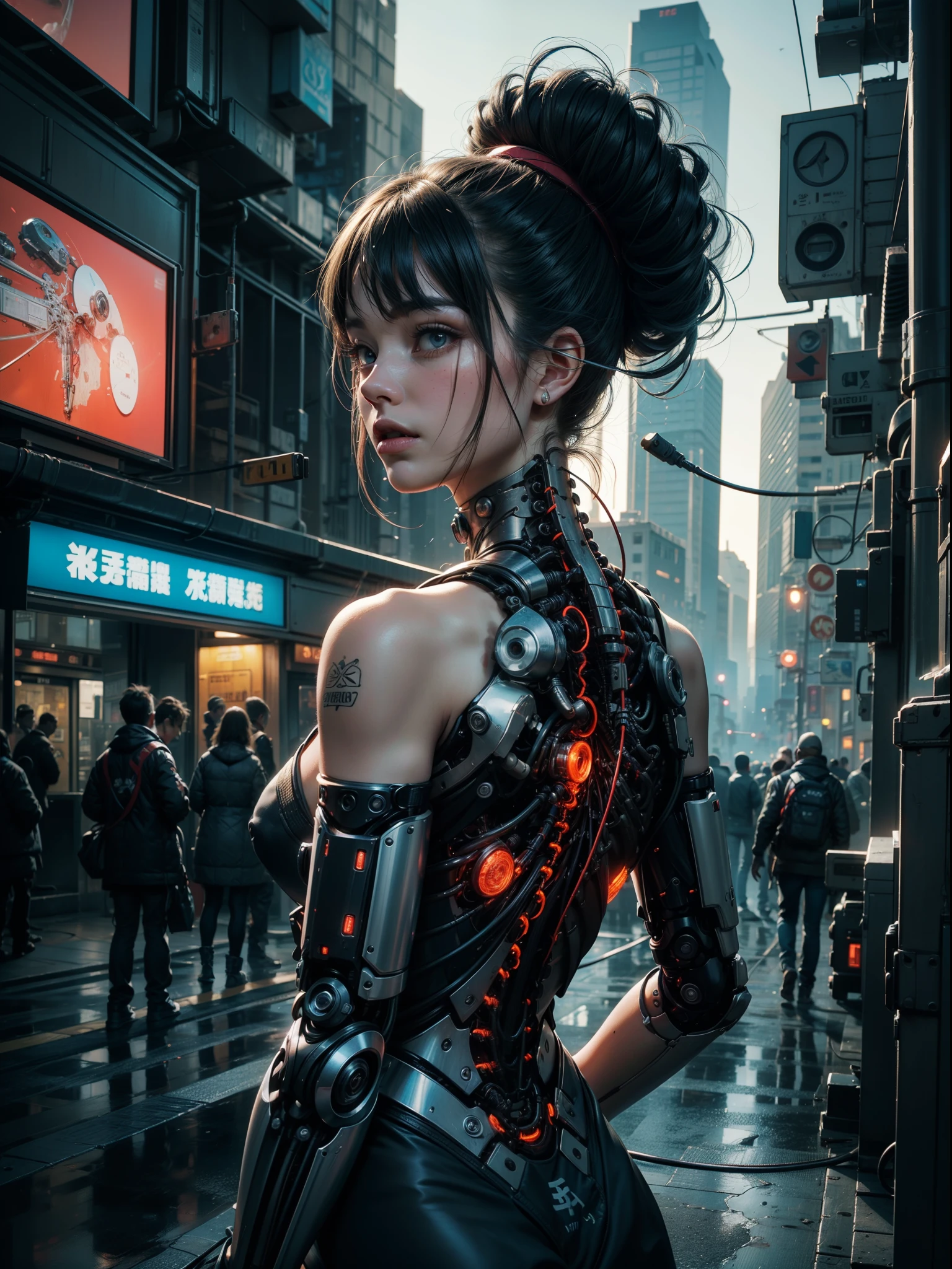 ((1 cybernetic girl)) (mechanical made limbs s:1.2),((mechanical limbs)),(blood vessels connected to tubes),(mechanical vertebra attaching to back),((mechanical cervical attaching to neck)),expressionless,(wires and cables attaching to neck:1.2),(wires and cables on head:1.2),(character focus), (((masterpiece))), (((best quality))), ((ultra-detailed)), (highly detailed CG illustration), ((an extremely delicate and beautiful)),cinematic ,science fiction,extreme detailed,colorful,highest detailed, loongs,fengs, cyberpunk city background.
