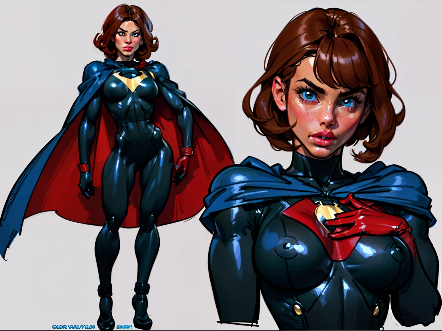 ((masterpiece)),(((best quality))),((character design sheet)), ((full body view)) illustration,1girl, muscular, ((black bodysuit:1.7)), superhero, (short curly red hair:1.5), (blue cape:1.5) ((detailed face:1.4)) beautiful woman, (short curly hair:1.6) (small head:1.2), (flat breasts:1.3), (blue thighhighs:1.3), shiny skin, (blue logo on chest:1.4),scribbles and marks, (puffy lips:1.5), (full lips:1.4) (wide hips:1.3), big lips, detailed lips, (red gloves:1.2) rough sketches, pose, 8k,16k, (simple background, white background: 1.3)