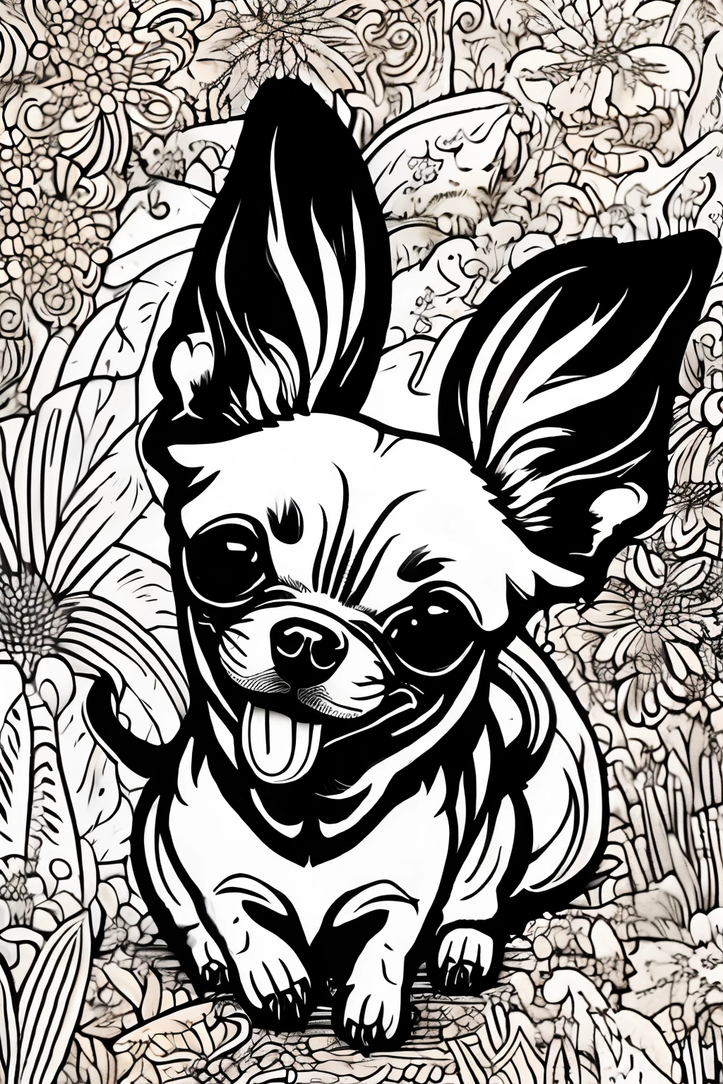 Coloring book of a Chihuahua dog snarling, estilo dos desenhos animados, linhas grossas, sem cor, fundo branco, Apenas linhas