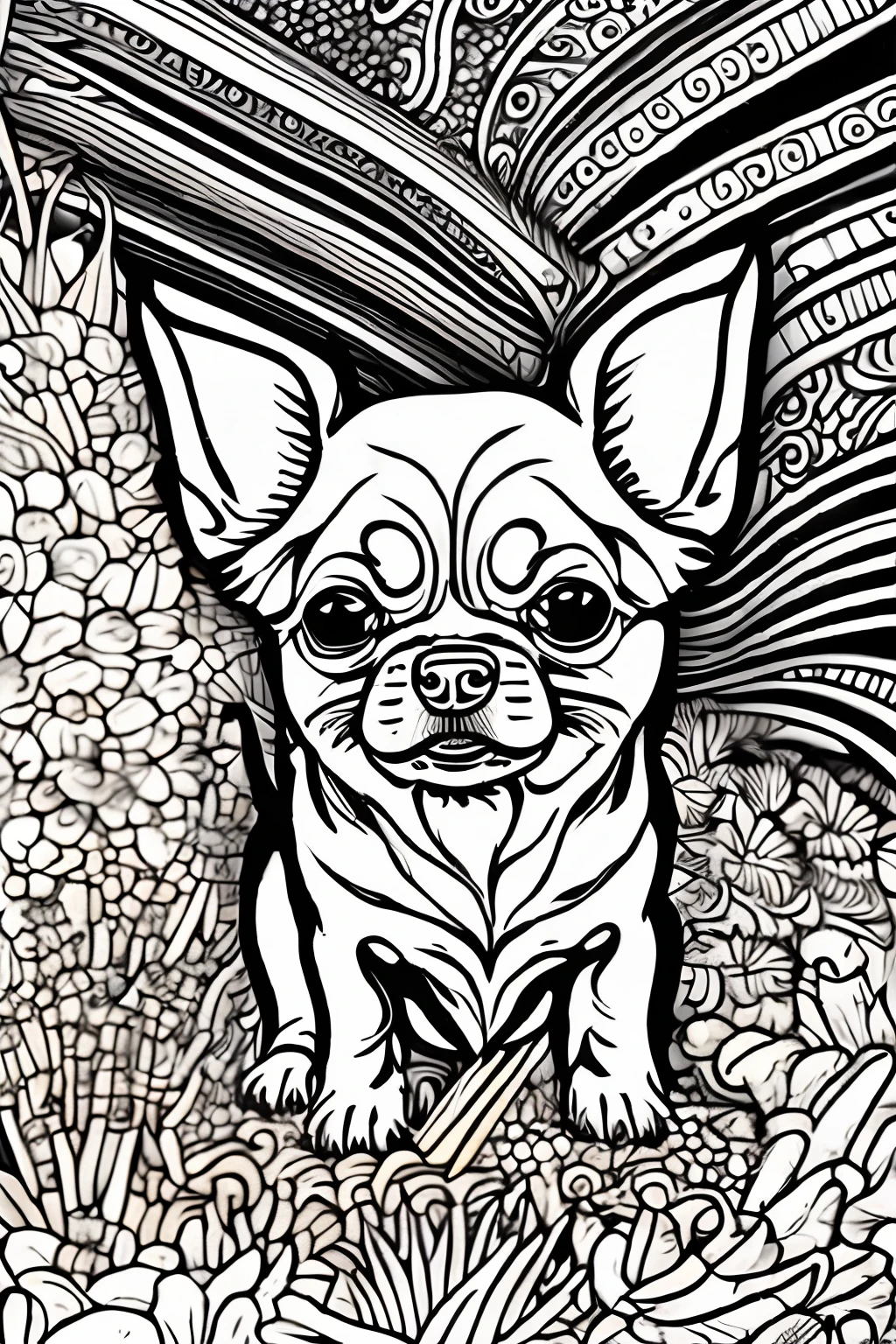 Coloring book of a Chihuahua dog snarling, estilo dos desenhos animados, linhas grossas, sem cor, fundo branco, Apenas linhas