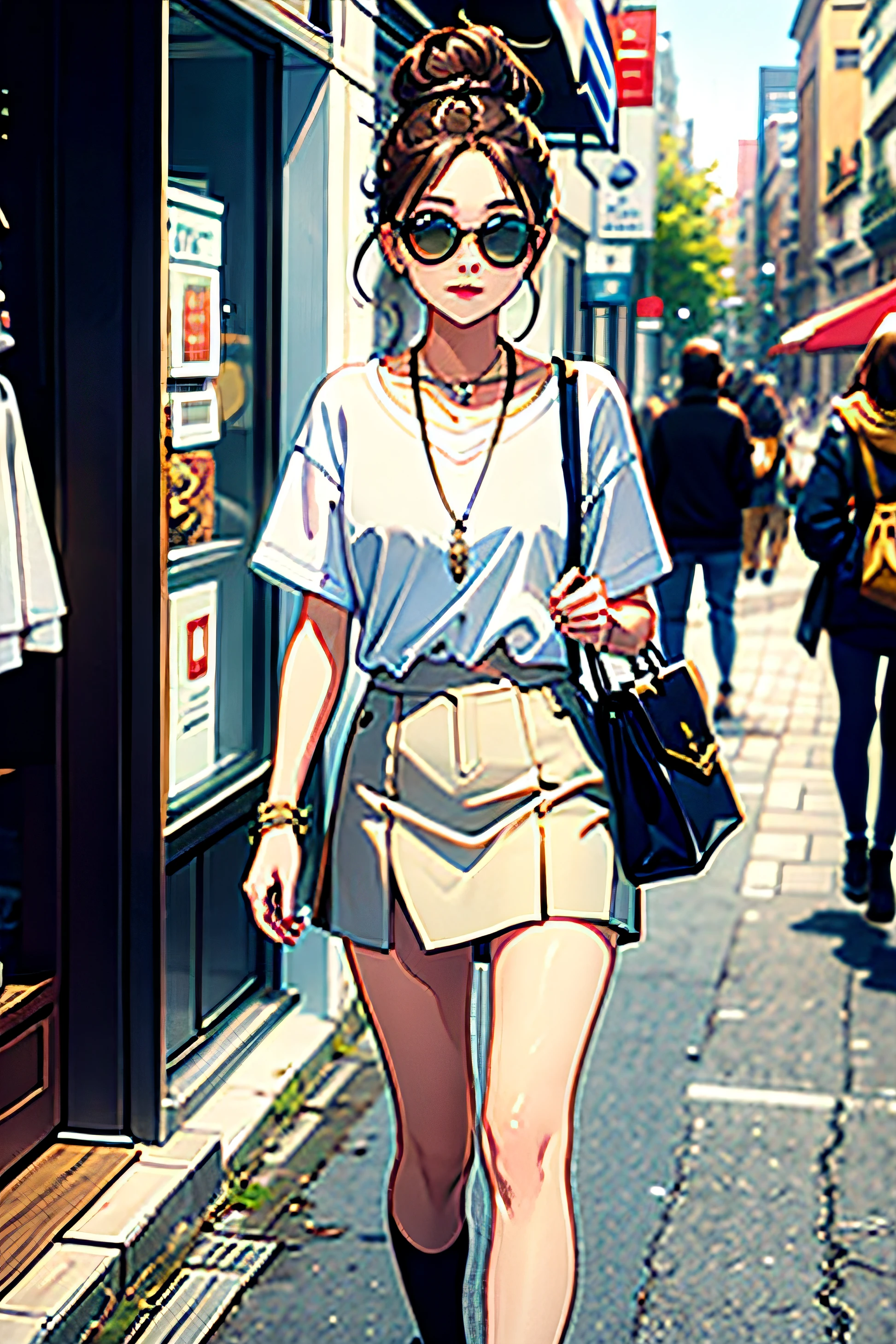 Highly detailed, high quality, masterpiece, 1 woman, walking down the street, shopping bag in both hands, happy expression, brown hair, tied into a messy bun, (casual wear: 1.1), white t-shirt, short skirt, high heels, light makeup, (silver necklace: 1.2), sunglasses on the head, holding flowers, people and storefront in the background, outdoors, sunny day.